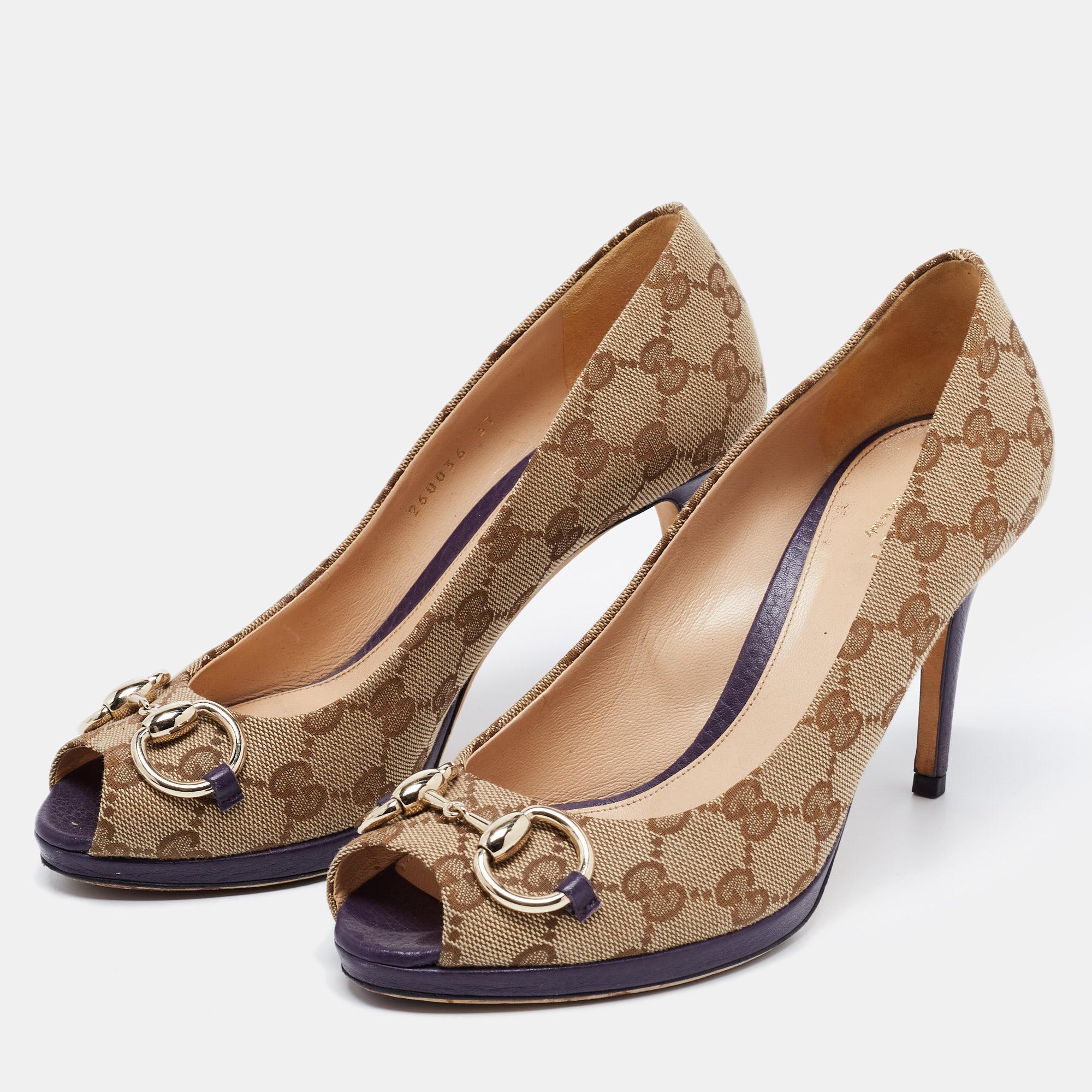 

Gucci Brown/Beige GG Canvas Hollywood Horsebit Platform Peep Toe Pumps Size