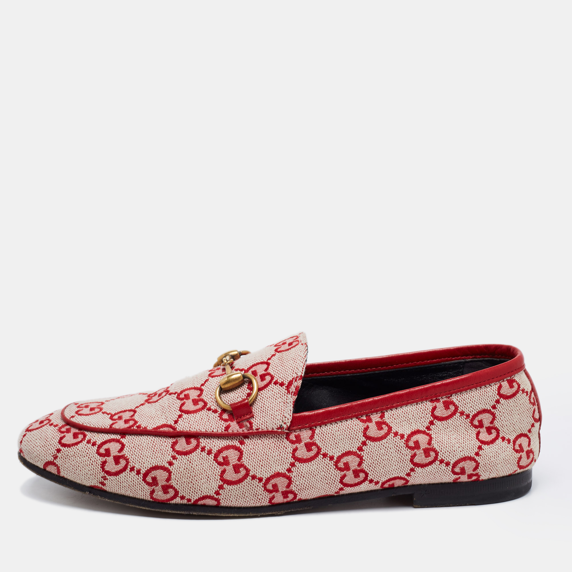 Pre-owned Gucci Red Gg Canvas Jordaan Horsebit Loafers Size 35.5