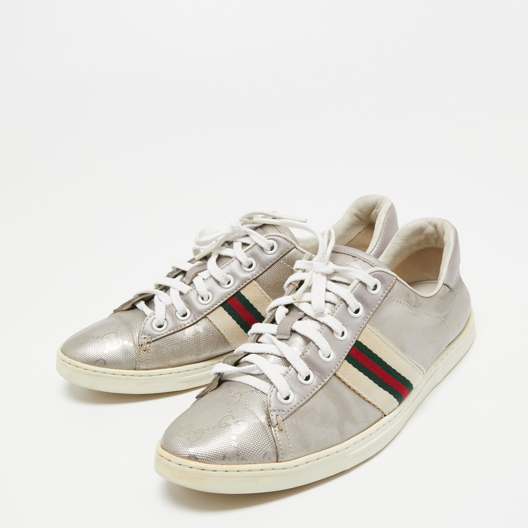 

Gucci Silver GG Coated Canvas and Leather Ace Low Top Sneakers Size