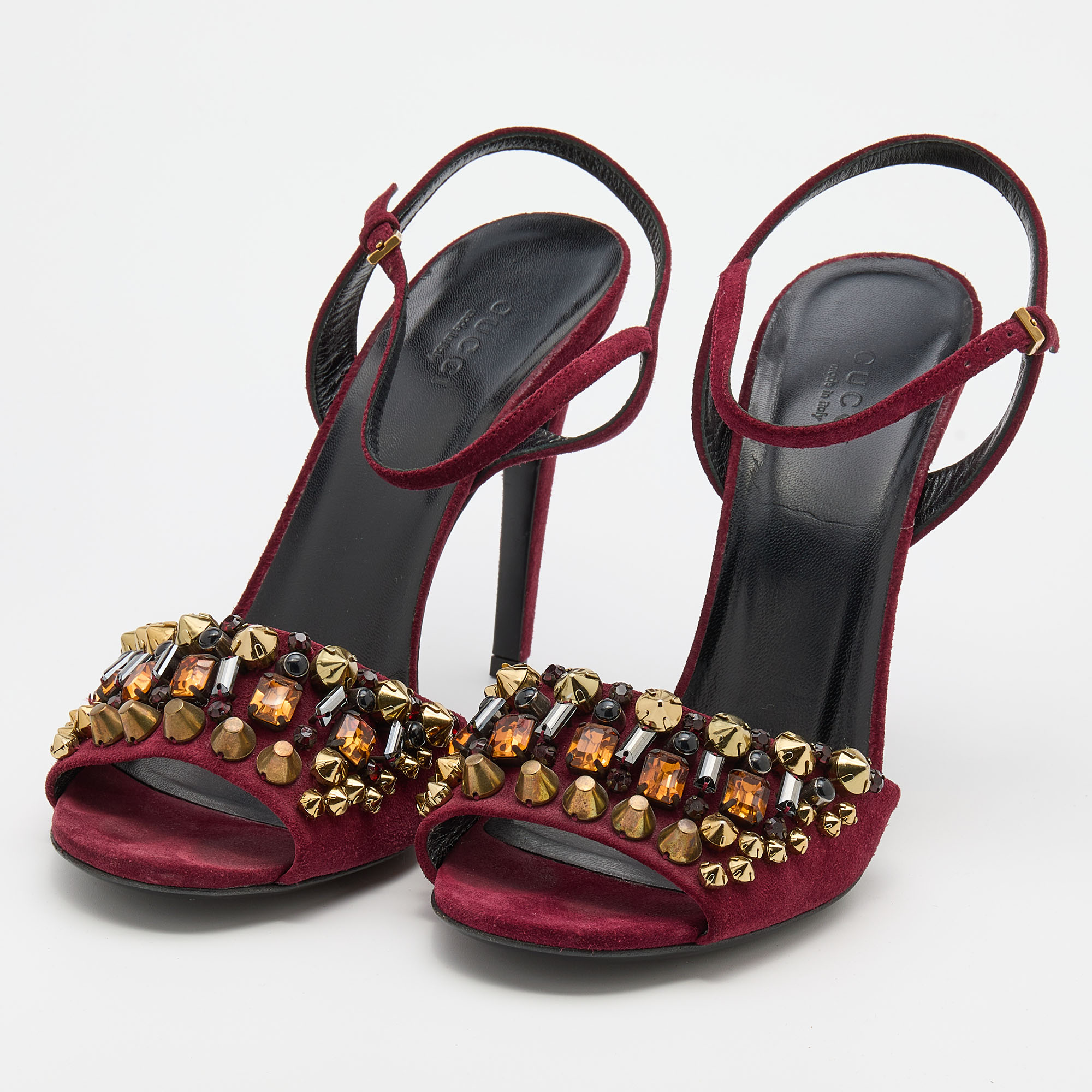 

Gucci Burgundy Suede Embellished Ankle Strap Sandals Size