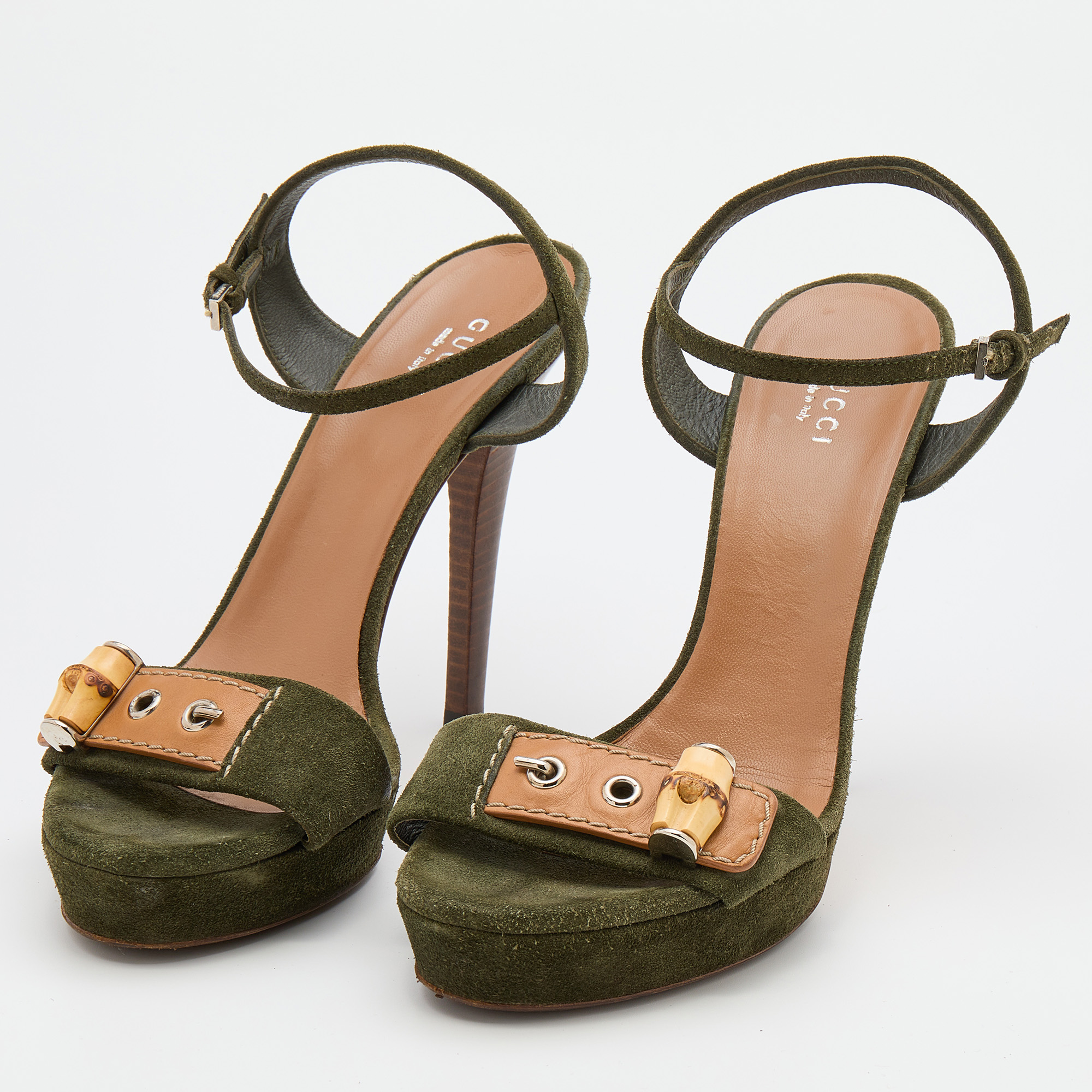 

Gucci Green Suede Bamboo Ankle Strap Sandals Size