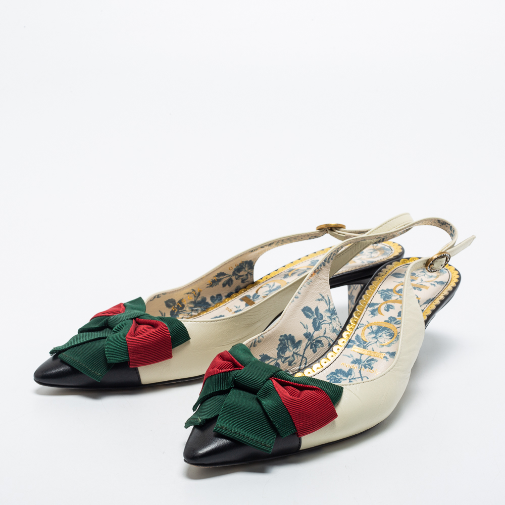 

Gucci Cream/Black Leather Sylvie Slingback Pumps Size