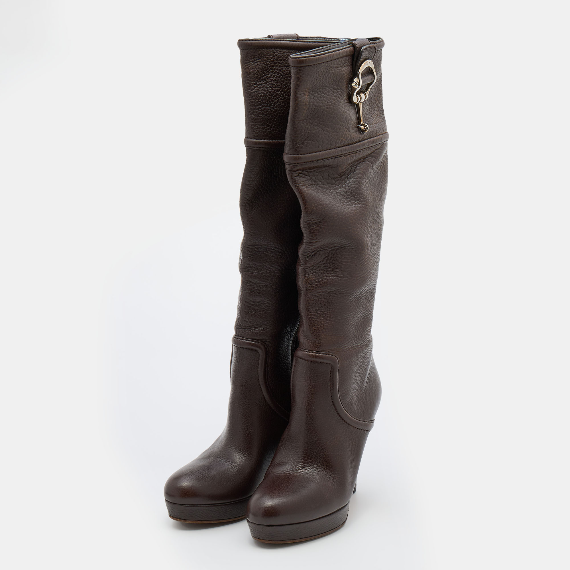 

Gucci Dark Brown Leather Knee Length Platform Boots Size