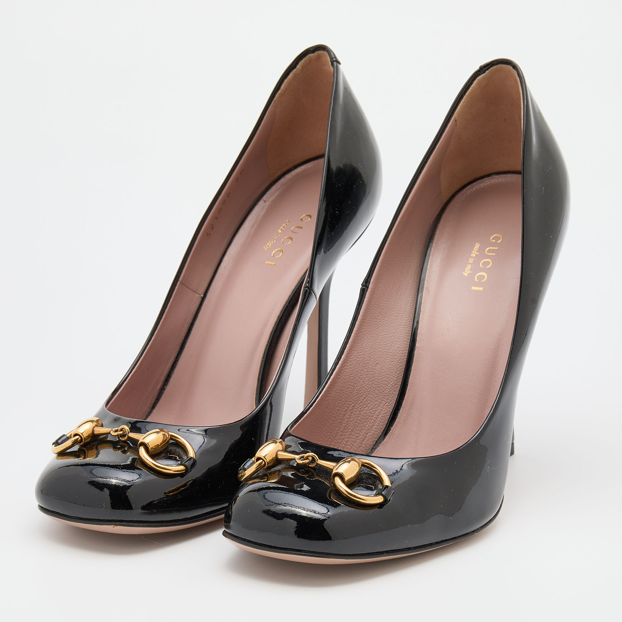 

Gucci Black Patent Leather Jolene Horsebit Pumps Size