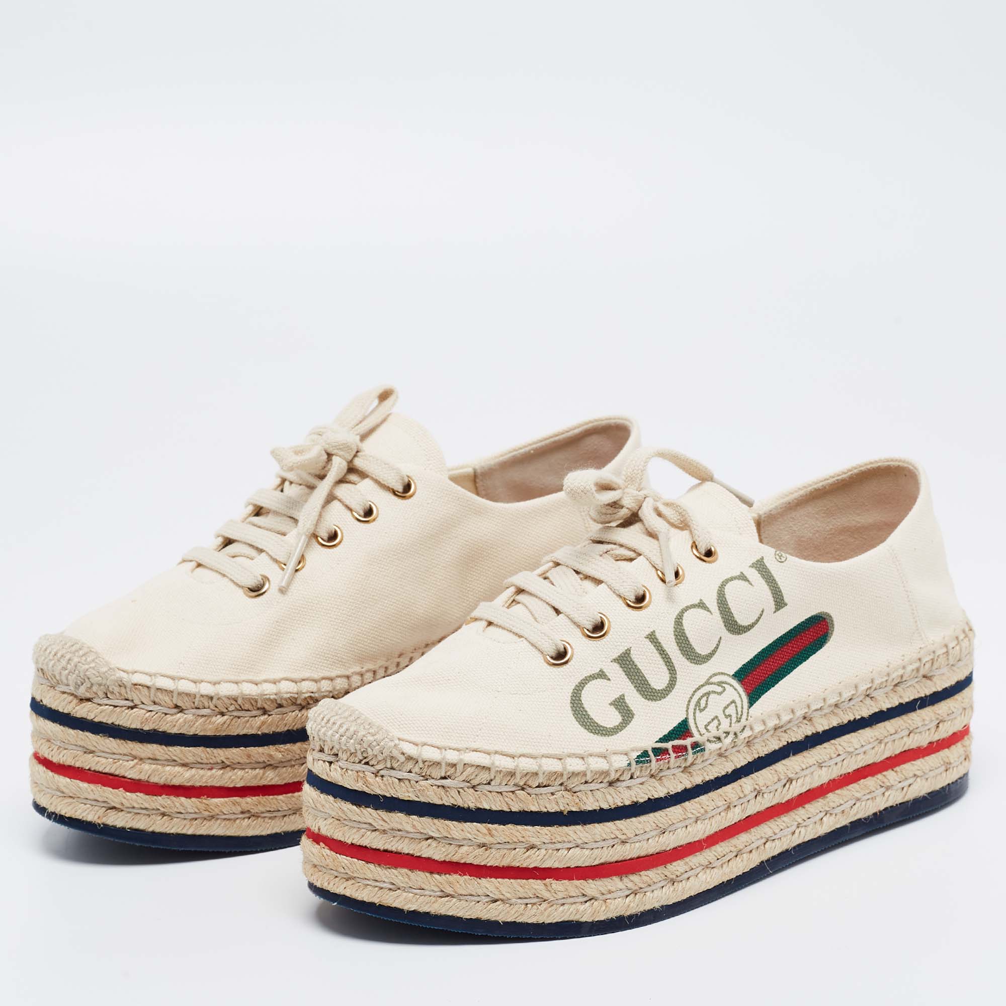 

Gucci Beige Canvas Printed Platform Espadrille Sneakers Size