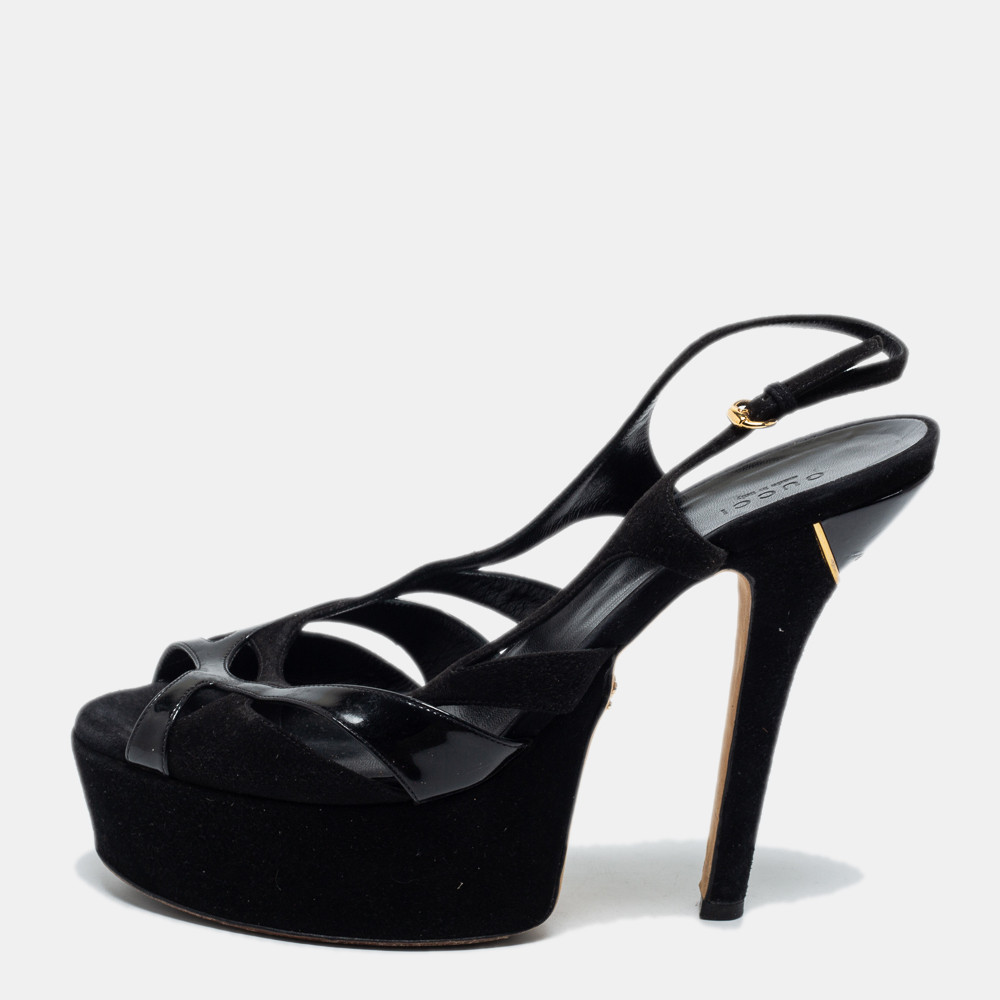 Pre-owned Gucci Black Suede Peep Toe Platform Sandals Size 41