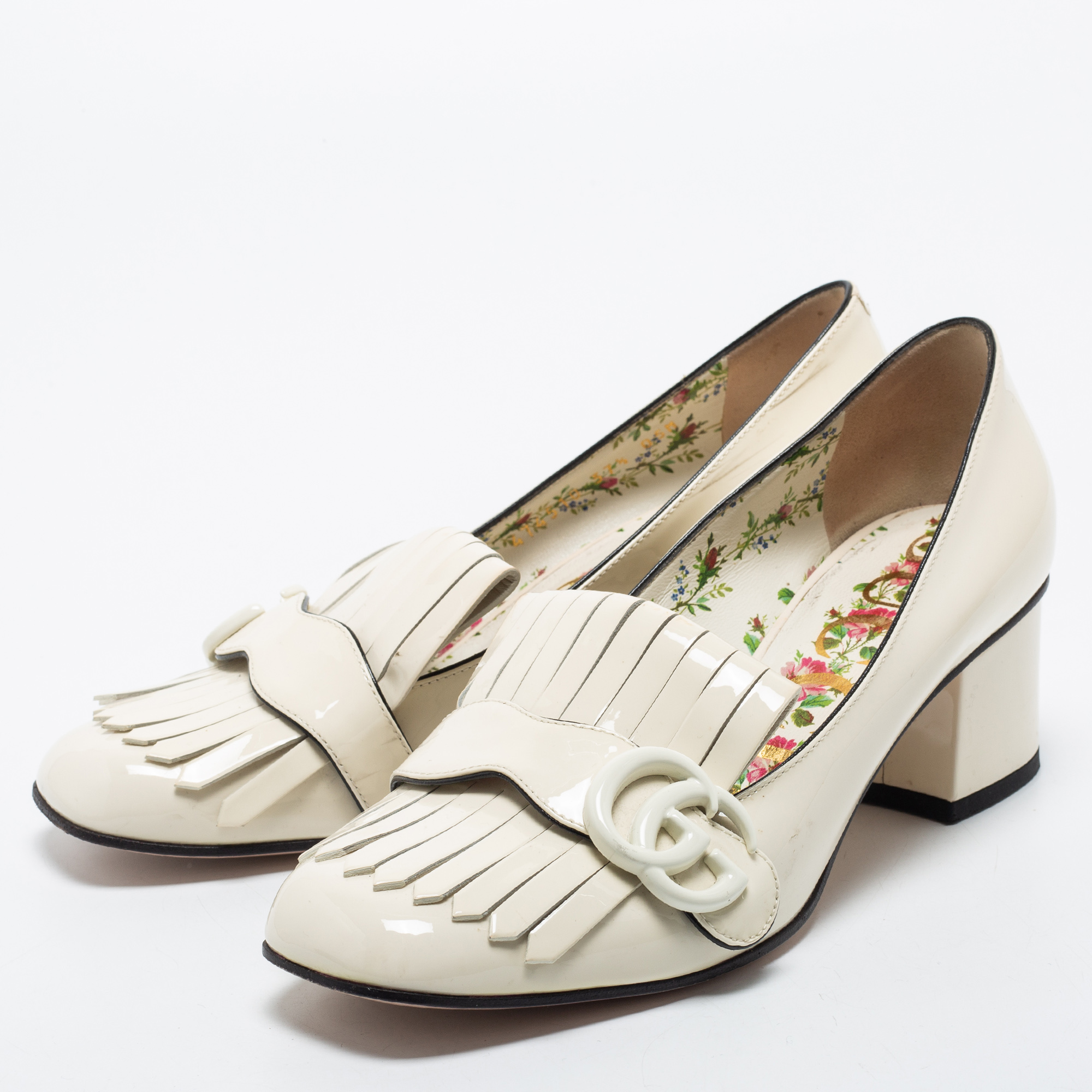 

Gucci Cream Patent Leather Double G Fringes Mid Heel Pumps Size