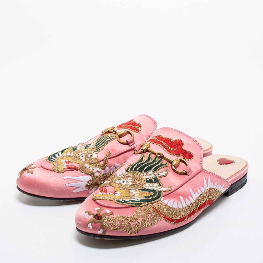 

Gucci Pink Satin Dragon Embroidery Princetown Flat Mules Sie