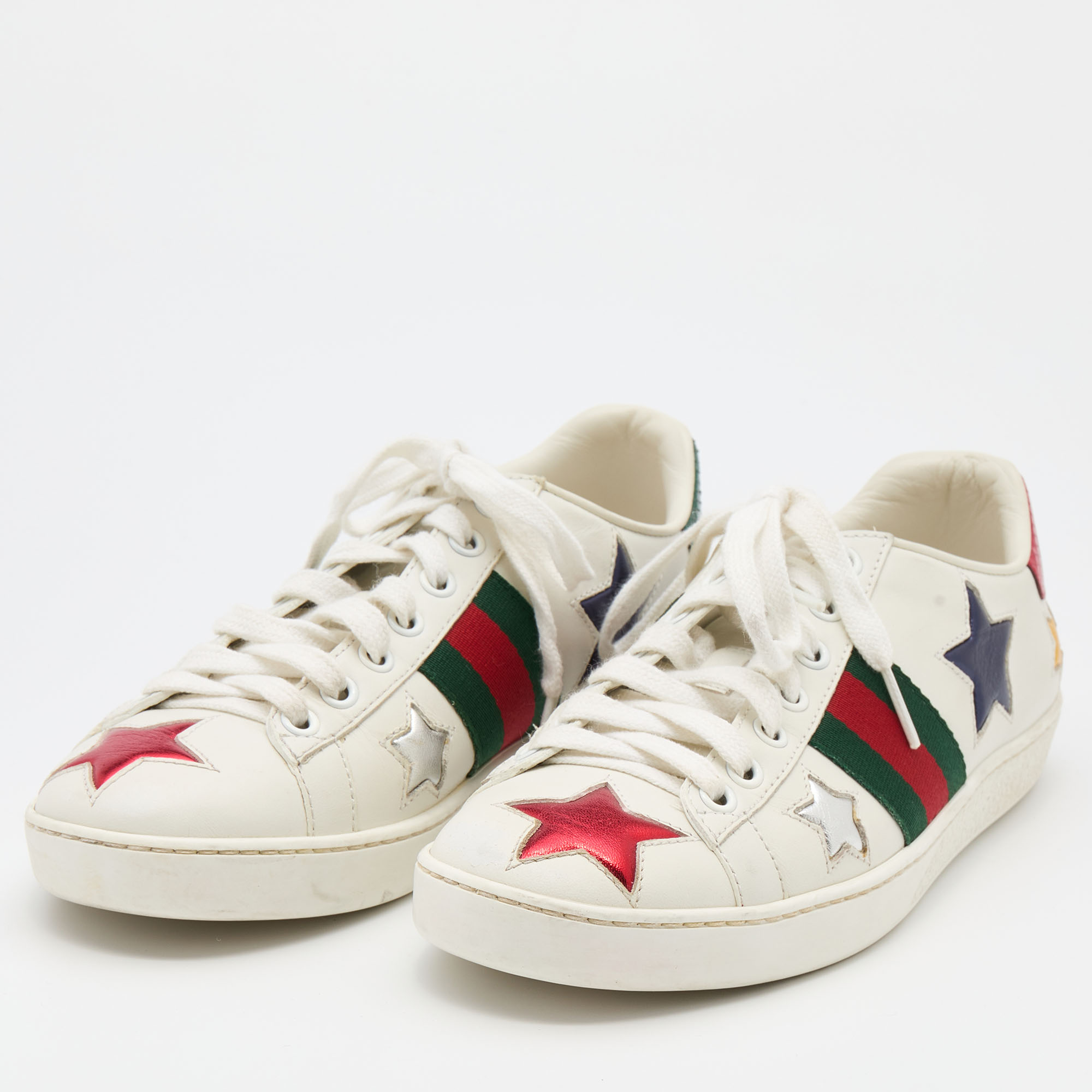 

Gucci White Leather Metallic Stars Ace Low Top Sneakers Size