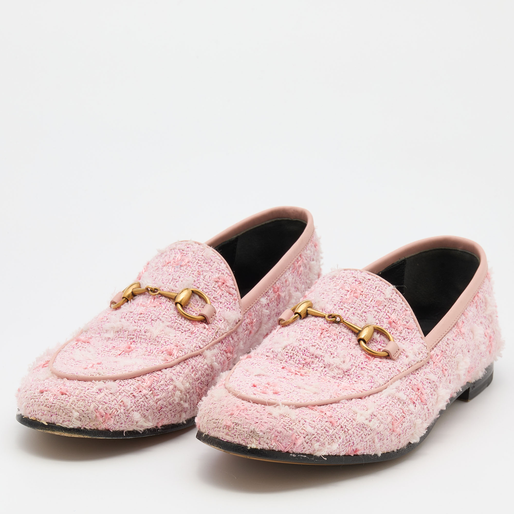 

Gucci Light Pink Tweed and Leather Horsebit Jordaan Slip On Loafers Size