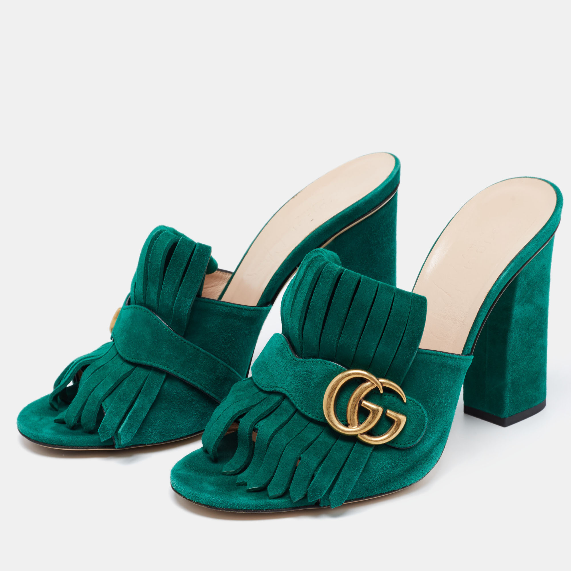 

Gucci Green Suede GG Marmont Fringe Slide Sandals Size