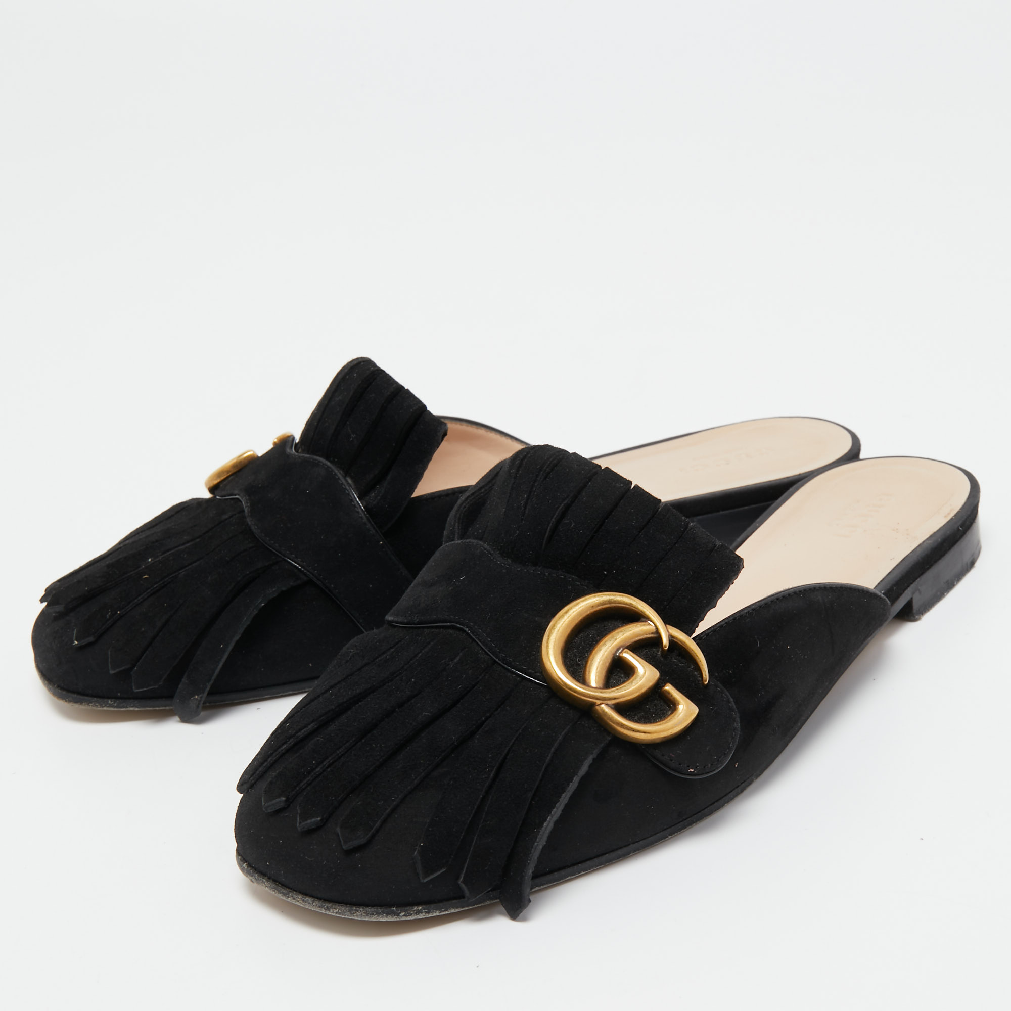 

Gucci Black Suede Double G Logo Mules Size