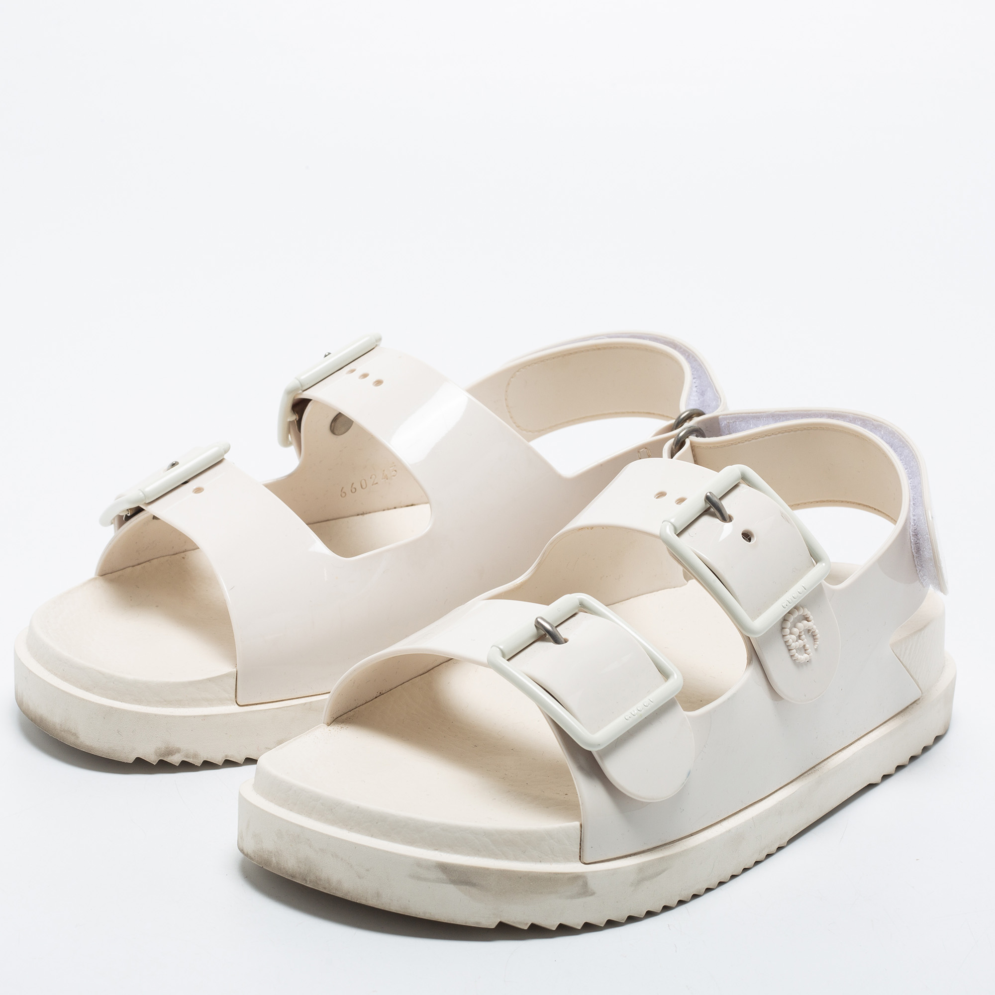 

Gucci Cream Rubber Double Buckle Slingback Sandals Size