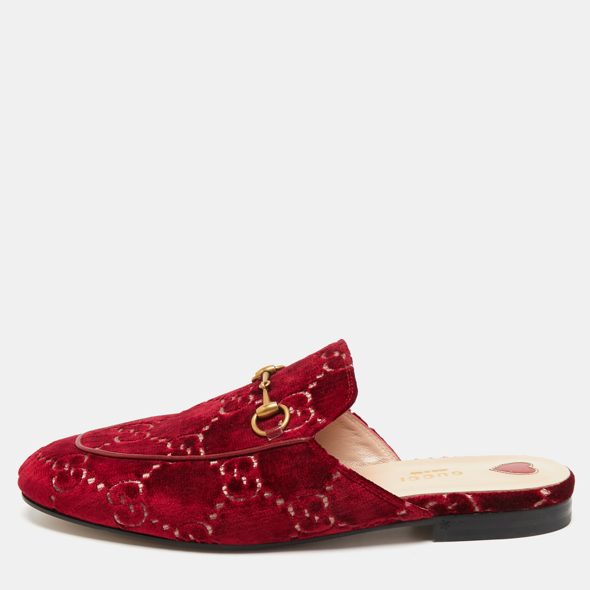Pre Owned Gucci Red GG Velvet Princetown Mules Size 40.5