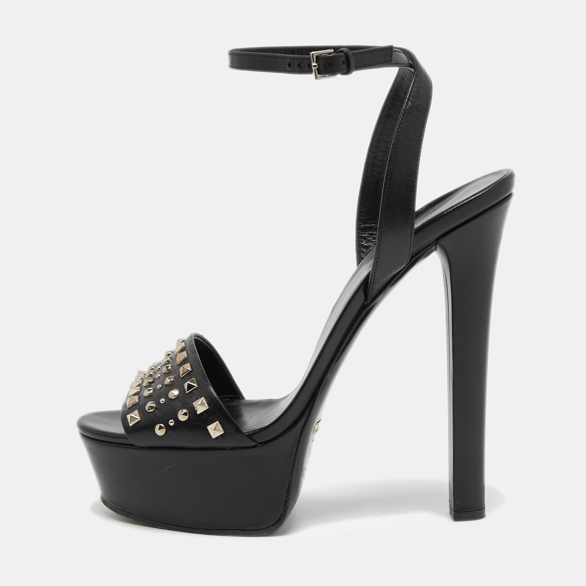 Pre-owned Gucci Black Studded Leather Leila Ankle Strap Sandals Size 40