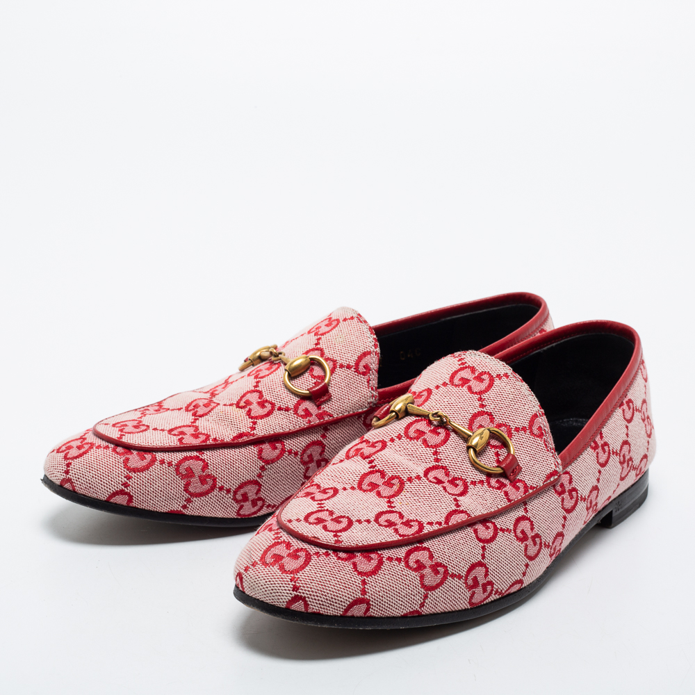 

Gucci Red GG Canvas And Leather Horsebit Slip On Loafers Size