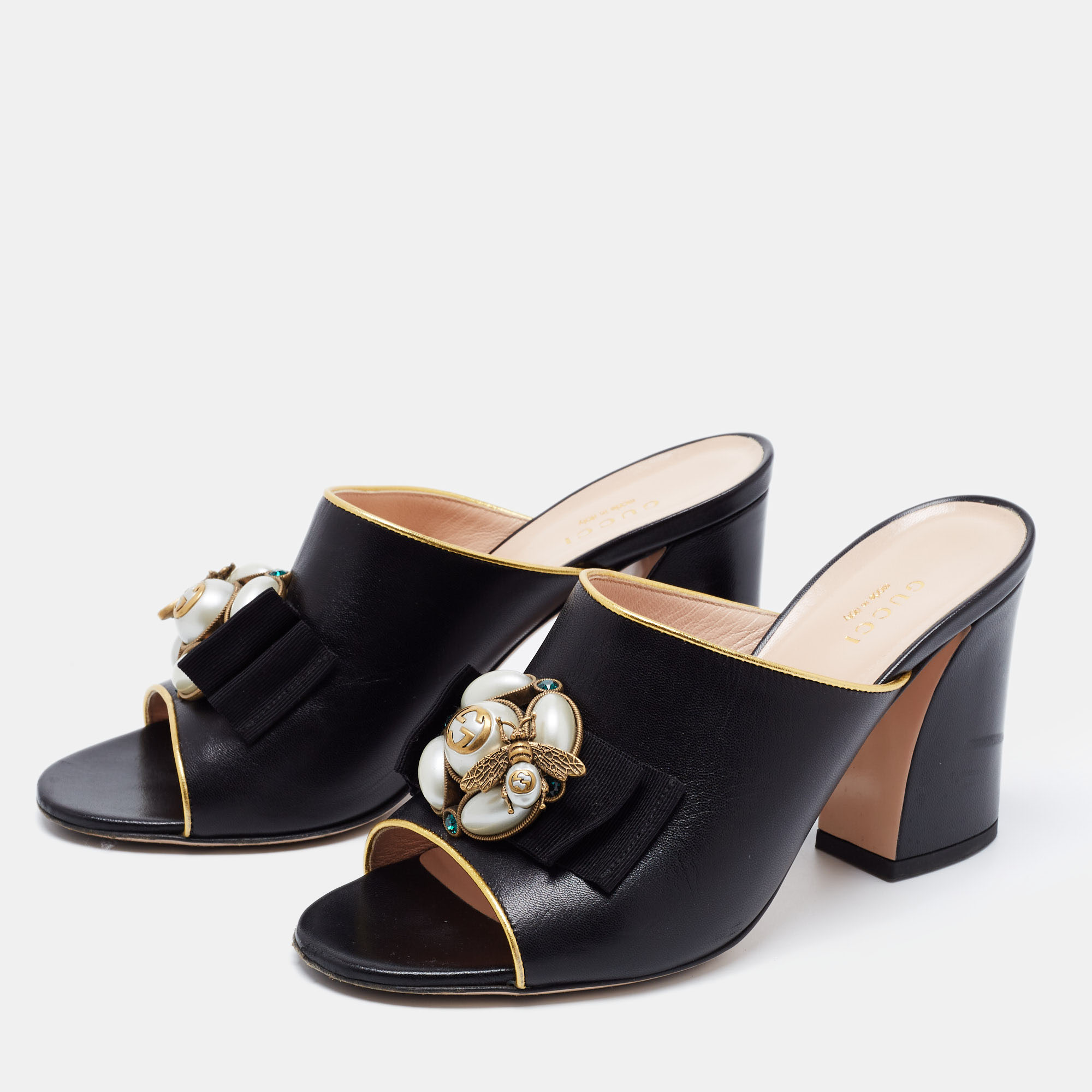 

Gucci Black Leather Pearl Bee Embellished Block Heel Slide Sandals Size