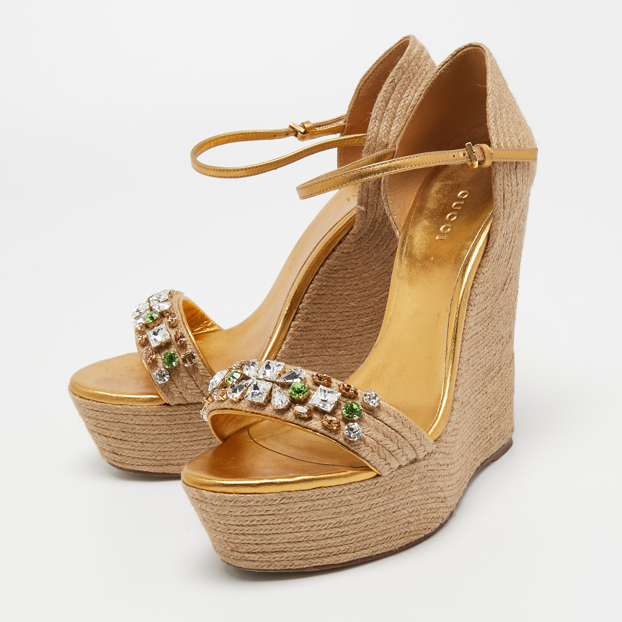 

Gucci Beige/Gold Jute and Leather Crystal Embellished Espadrille Wedge Sandals Size