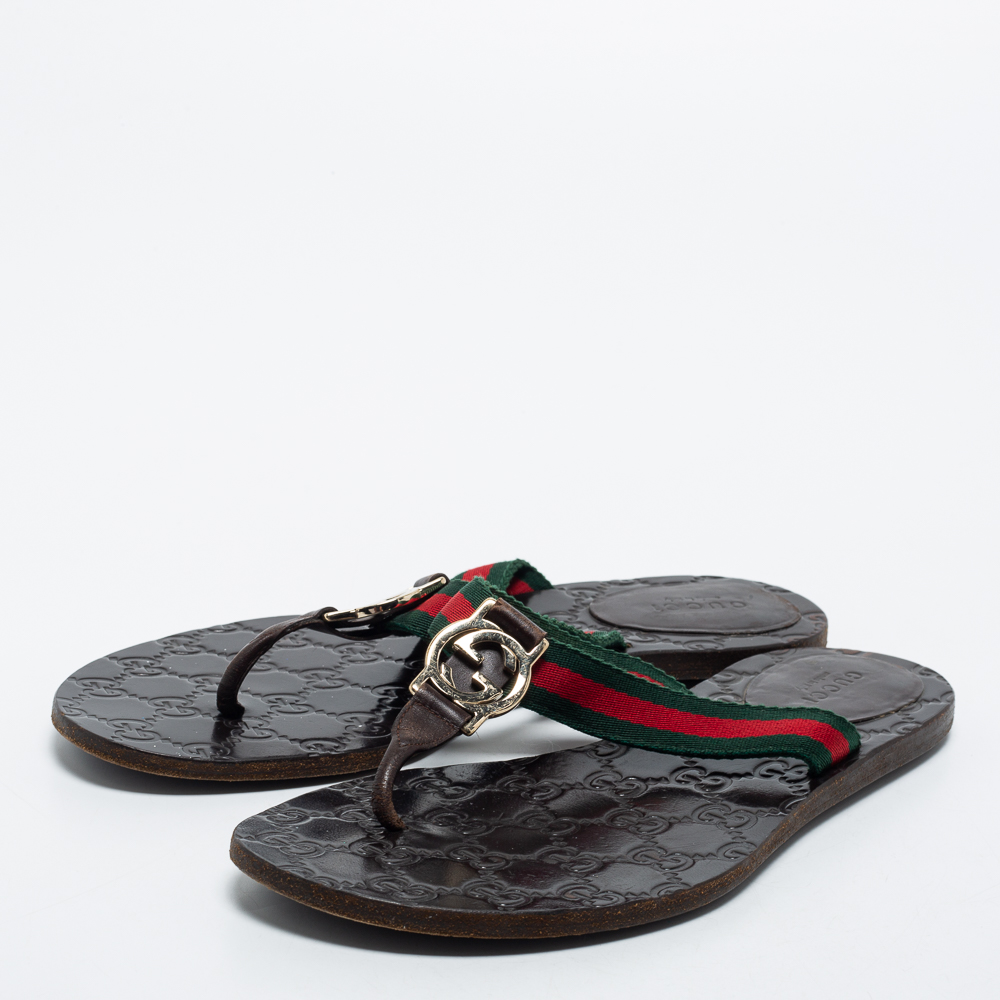 

Gucci Tricolor Web and Leather GG Thong Flat Slides Size, Brown