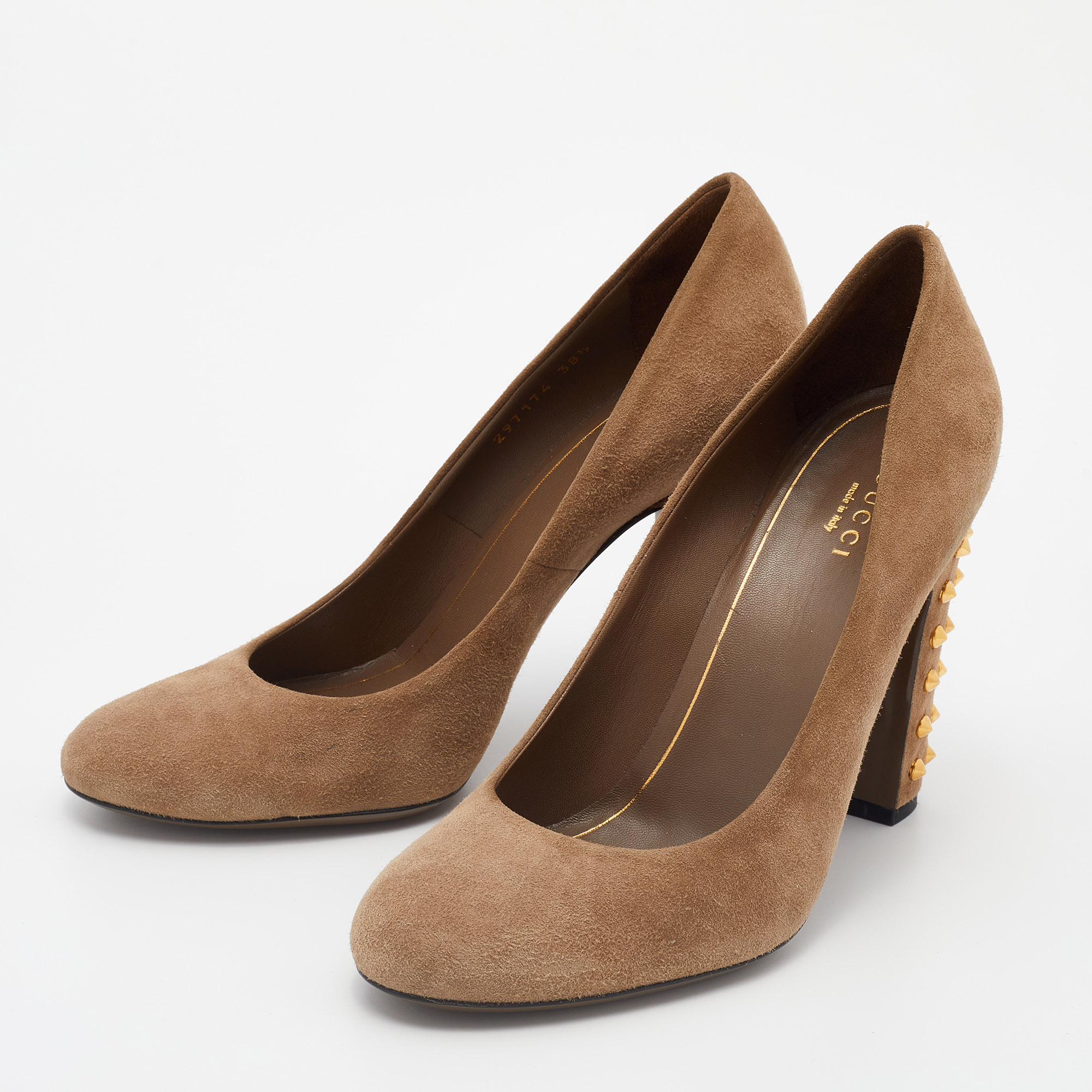 

Gucci Brown Suede Studded Block Heel Pumps Size
