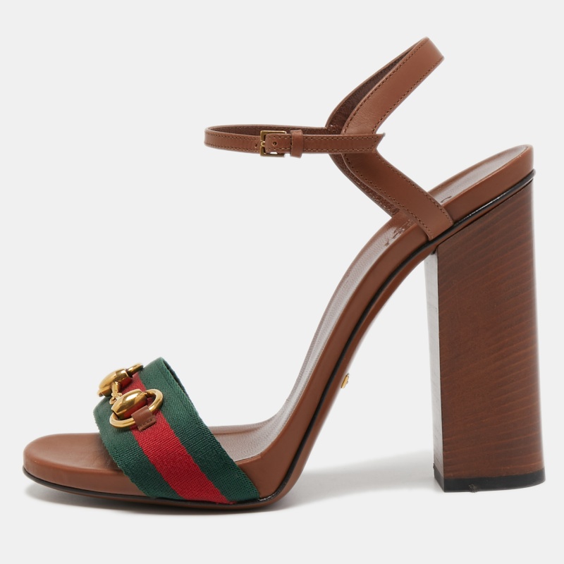 مملوكة مسبقًا Gucci Brown Leather Horsebit Web Stripe Detail Ankle Strap Sandals Size 38