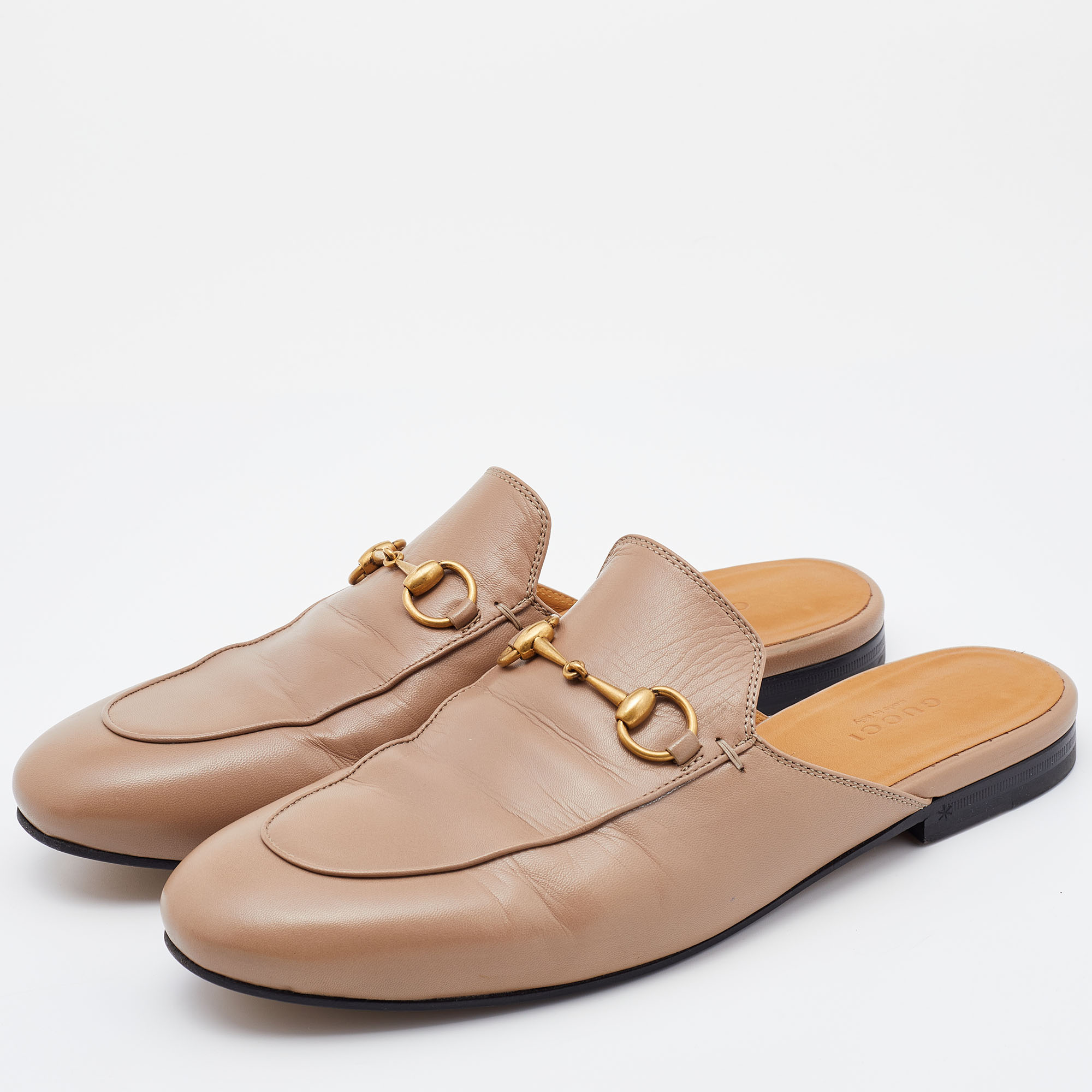 

Gucci Beige Leather Princetown Horsebit Flat Mules Size