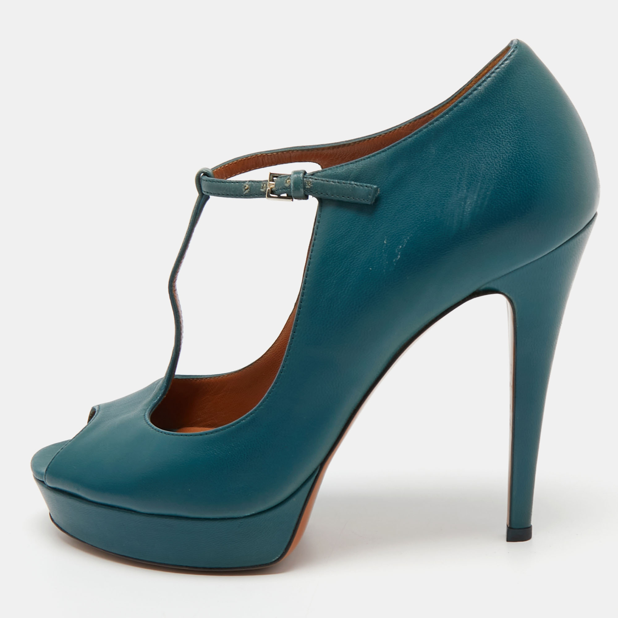 Pre-owned Gucci Teal Leather Betty T-strap Platform Pumps Size 38 In Blue