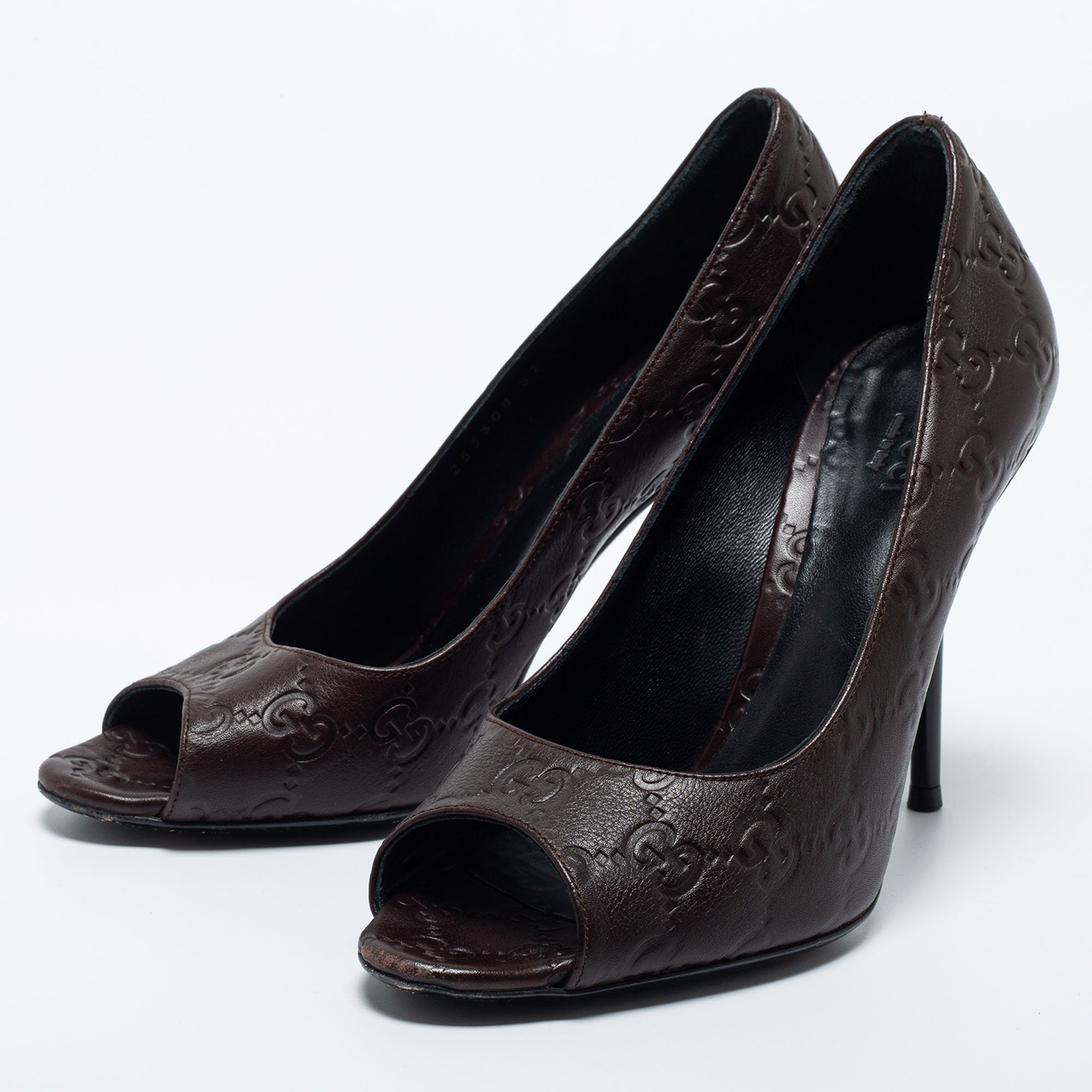 

Gucci Brown Leather Guccissima Peep Toe Pumps Size