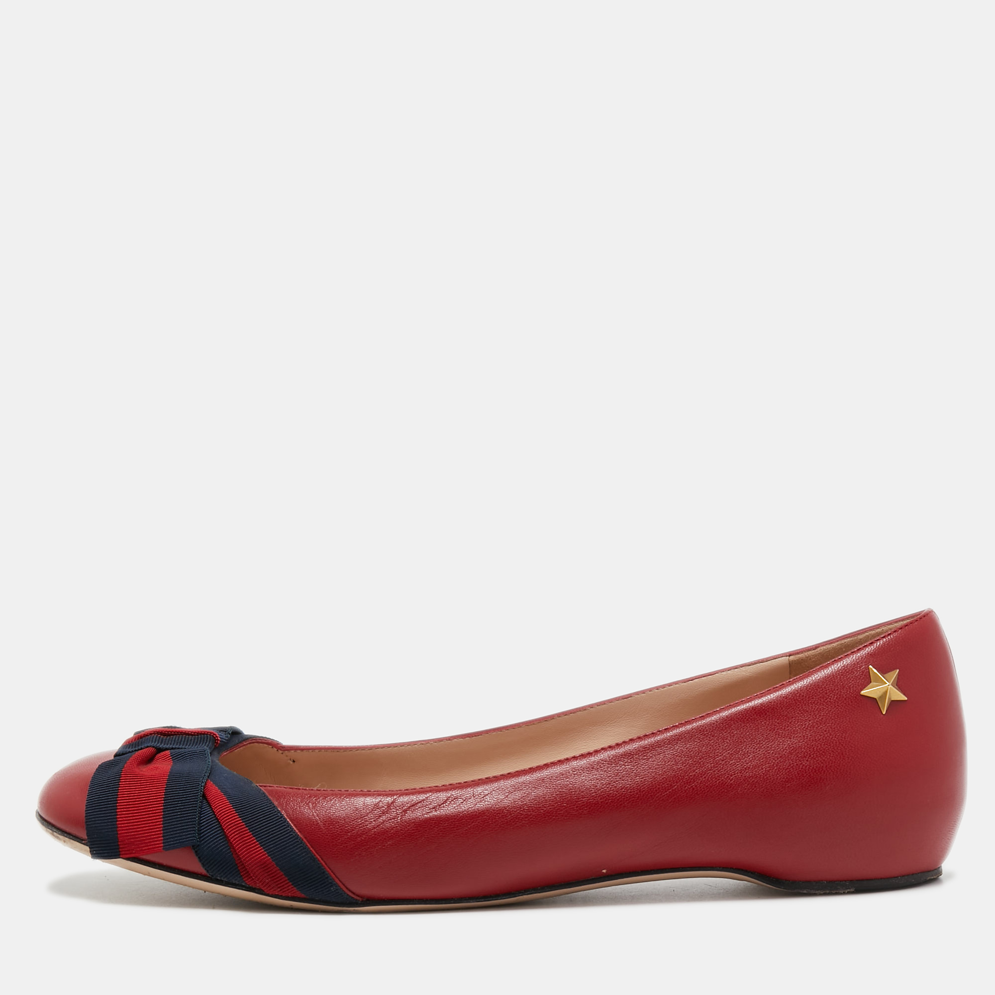 Pre-owned Gucci Red Leather Grosgrain Web Bows Ballet Flats Size 40
