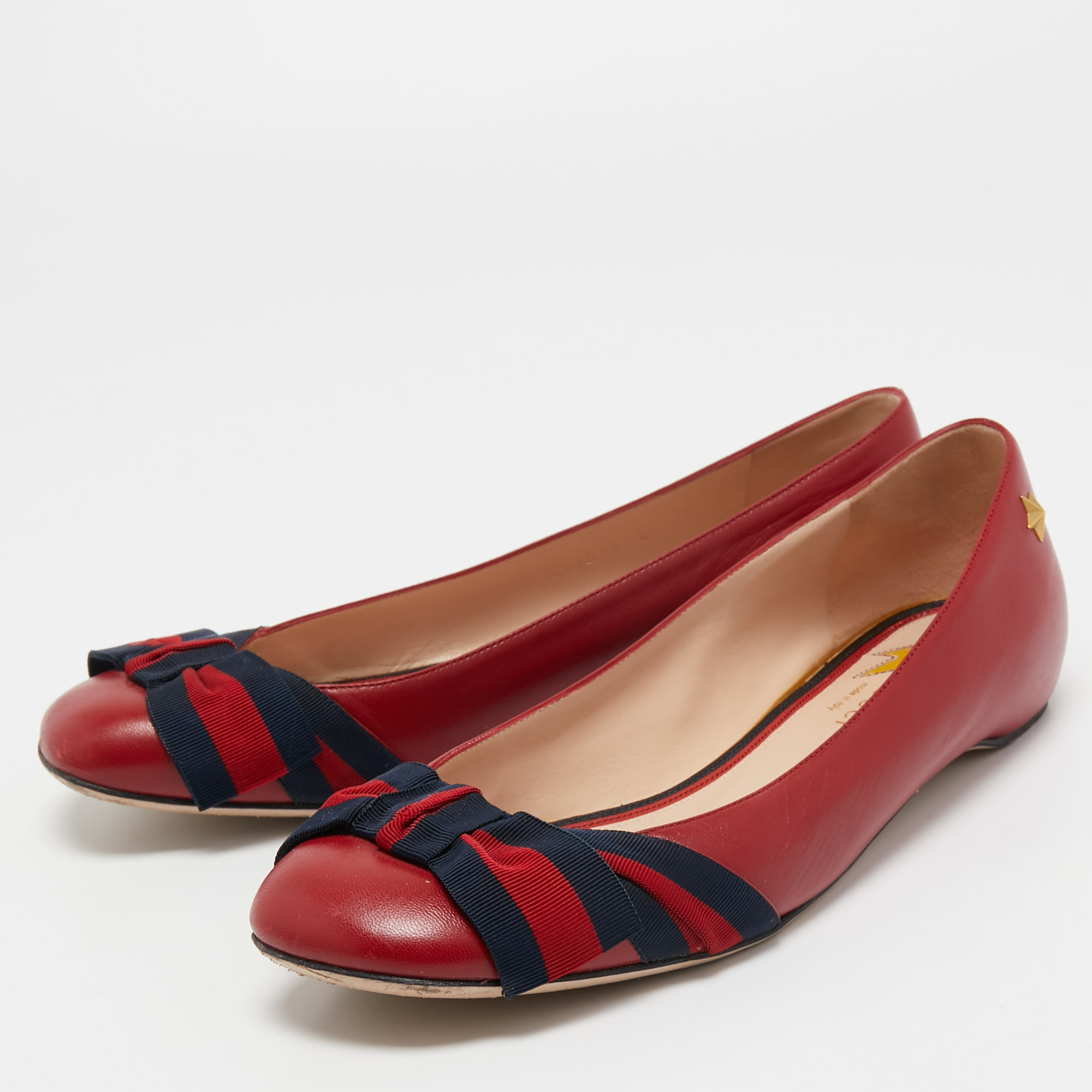 

Gucci Red Leather Grosgrain Web Bows Ballet Flats Size