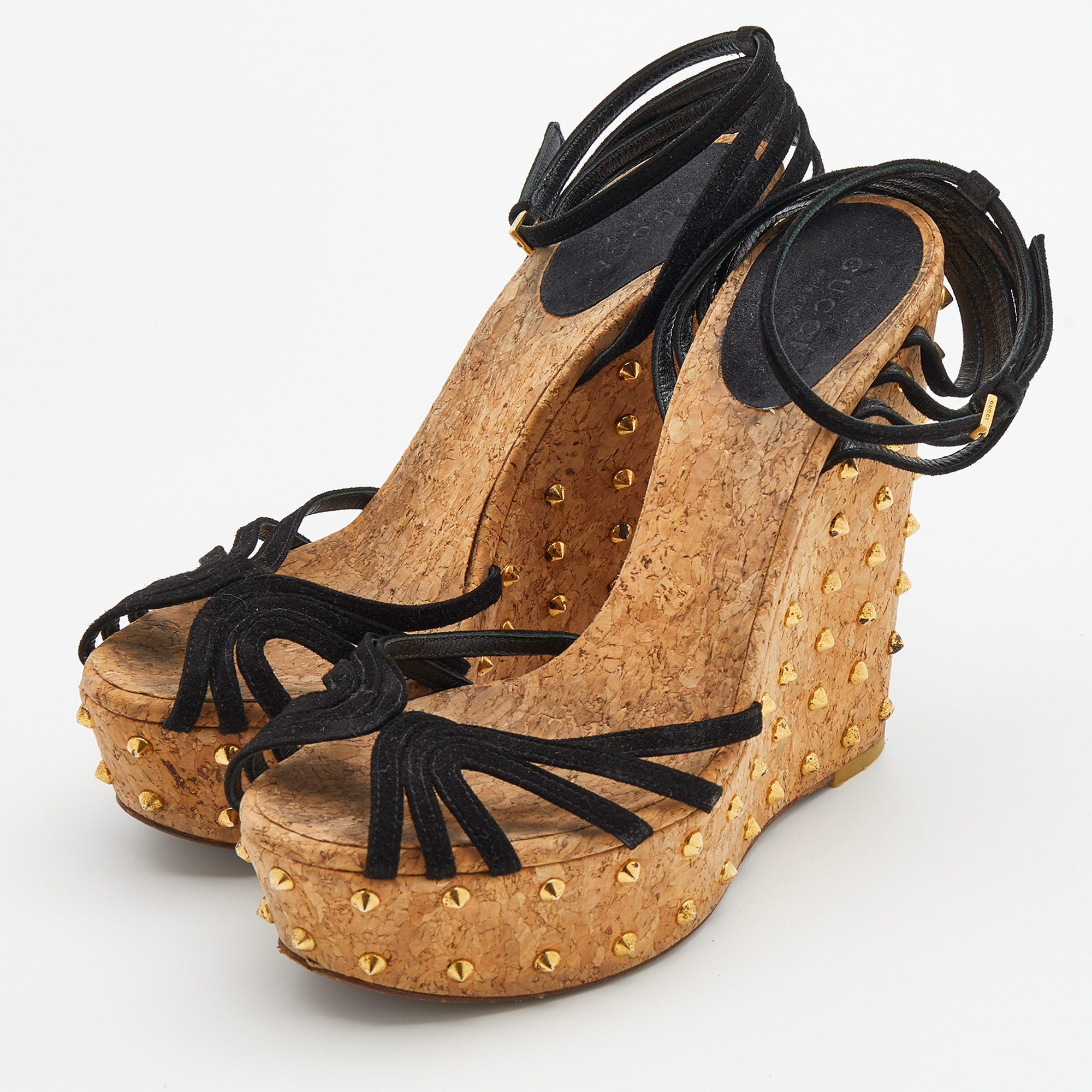 

Gucci Black Suede Studded Cork Wedge Platform Ankle Strap Sandals Size