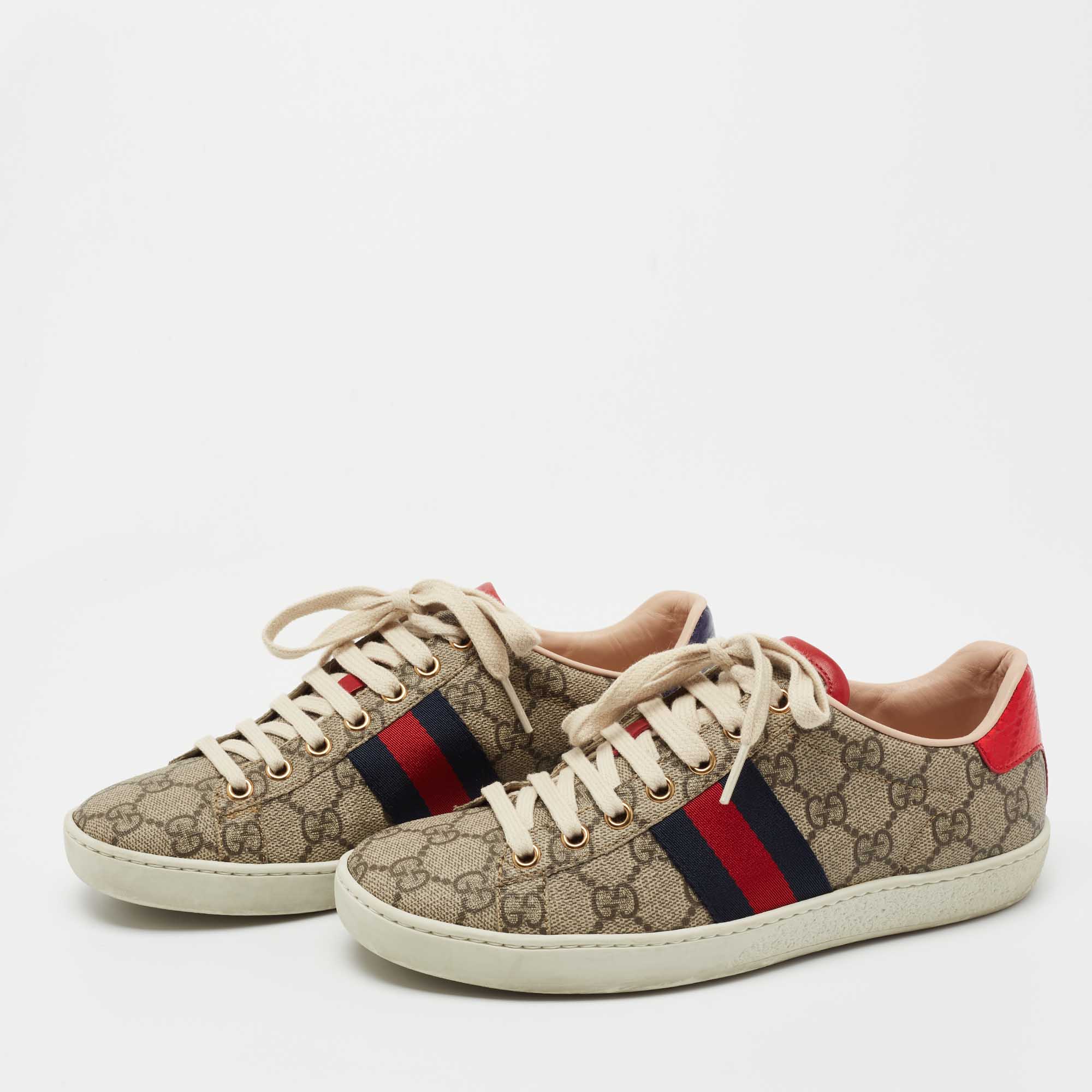 

Gucci Beige/Brown GG Supreme Canvas Ace Web Low Top Sneakers Size
