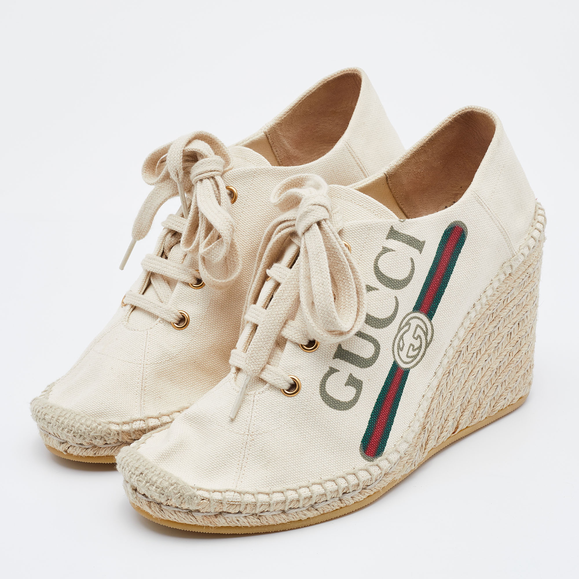 

Gucci Off White Canvas Logo Wedge Espadrille Sneakers Size