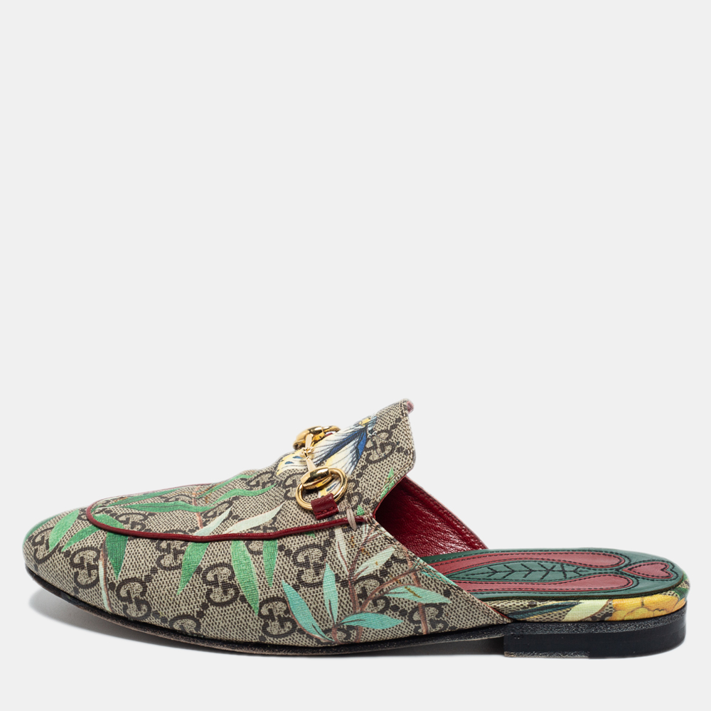 Pre-owned Gucci Multicolor Tian Print Gg Supreme Canvas Princetown Flat Mules Size 35