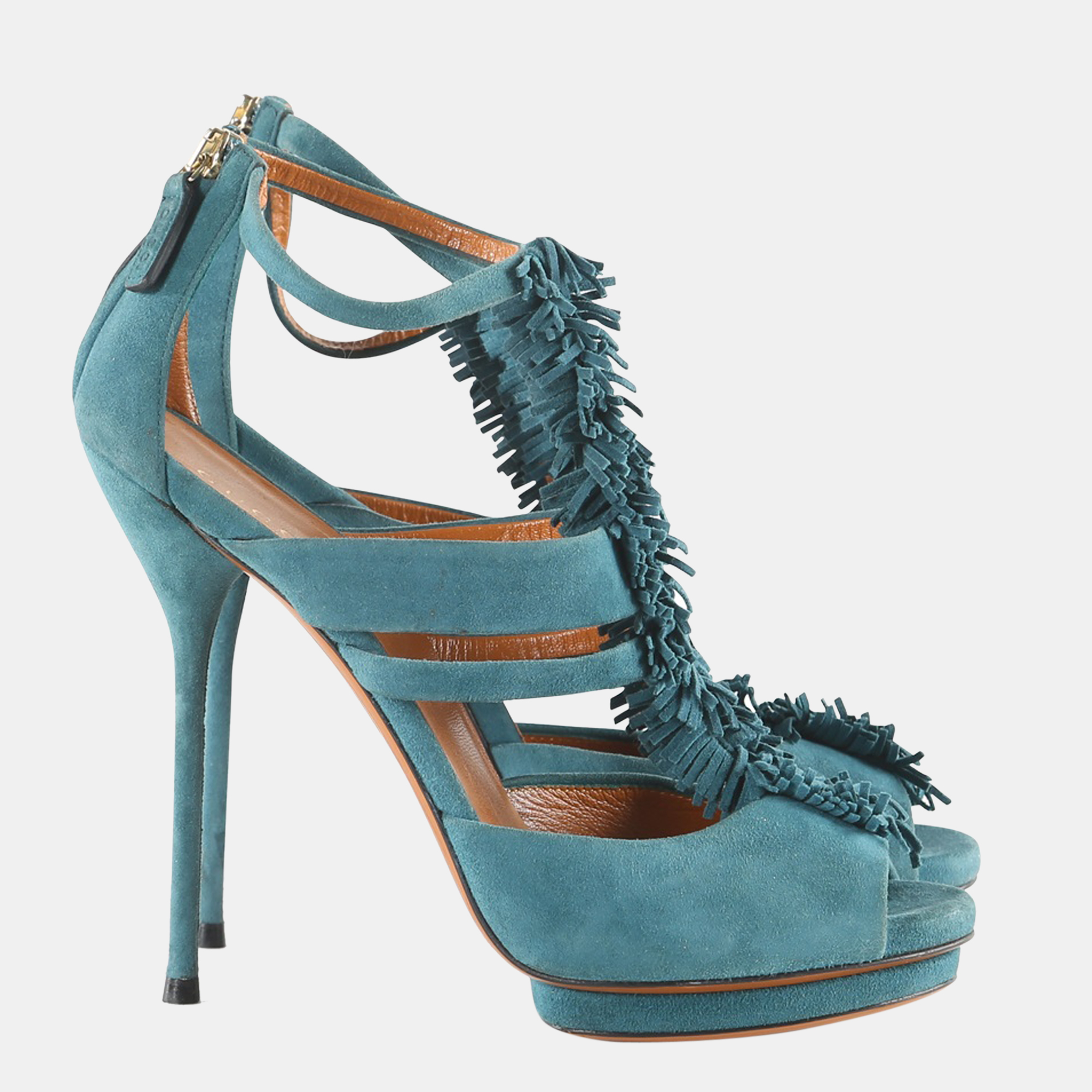 

Gucci Blue Suede Fringed Petroleum T-Strap Sandals EU