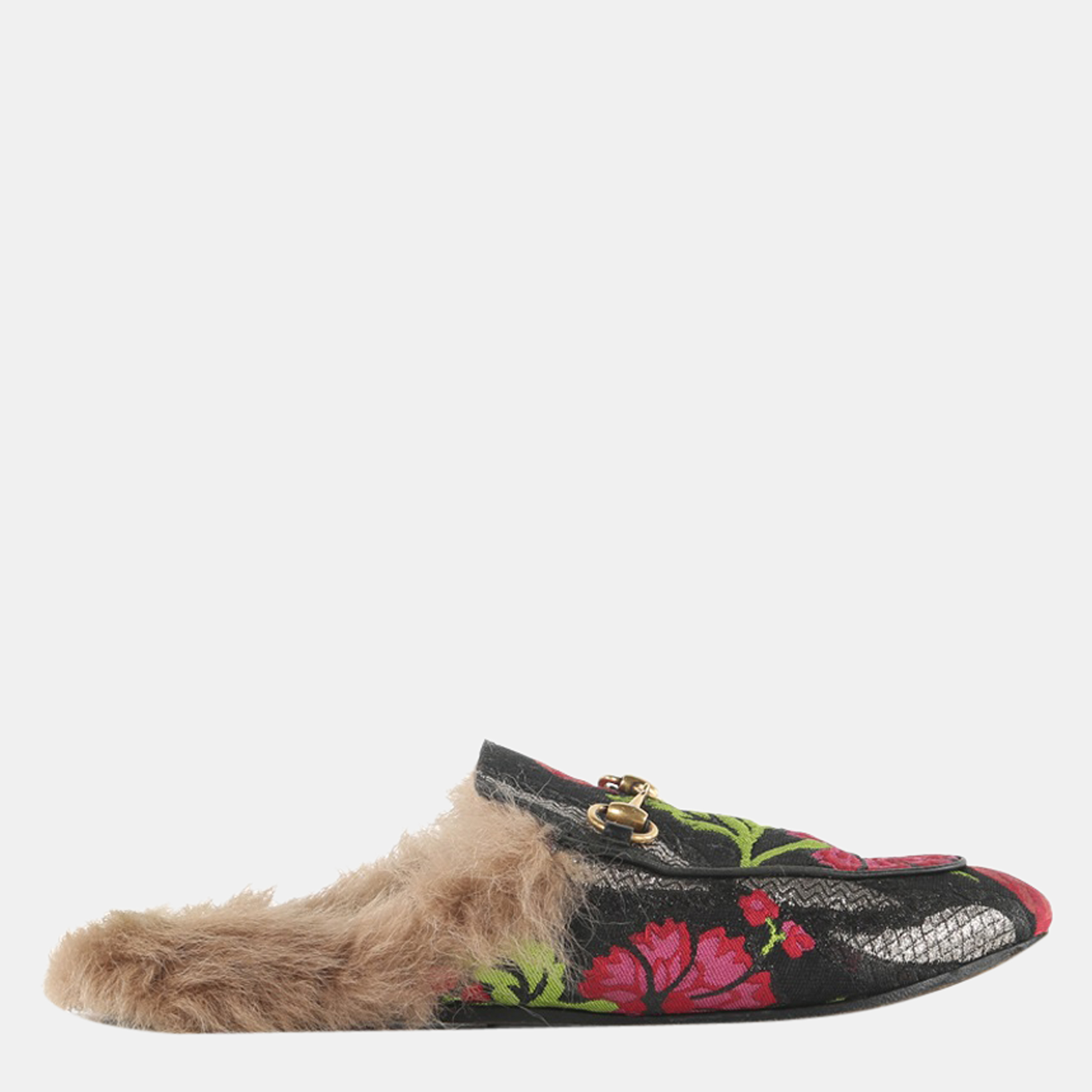 Pre-owned Gucci Black Floral Brocade Fabric And Fur Horsebit Princetown Mules In Multicolor