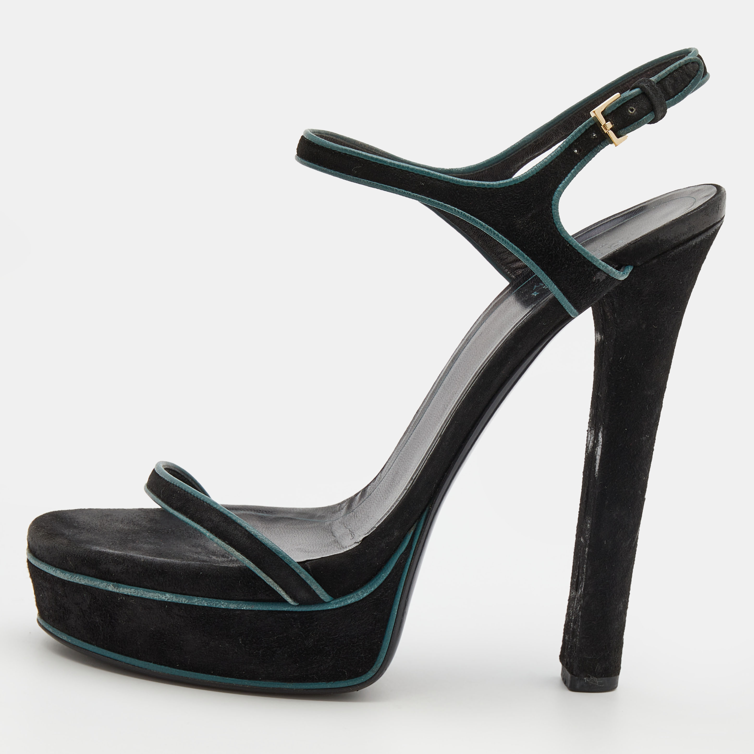 Pre-owned Gucci Black Suede Platform Ankle Strap Sandals Size 37