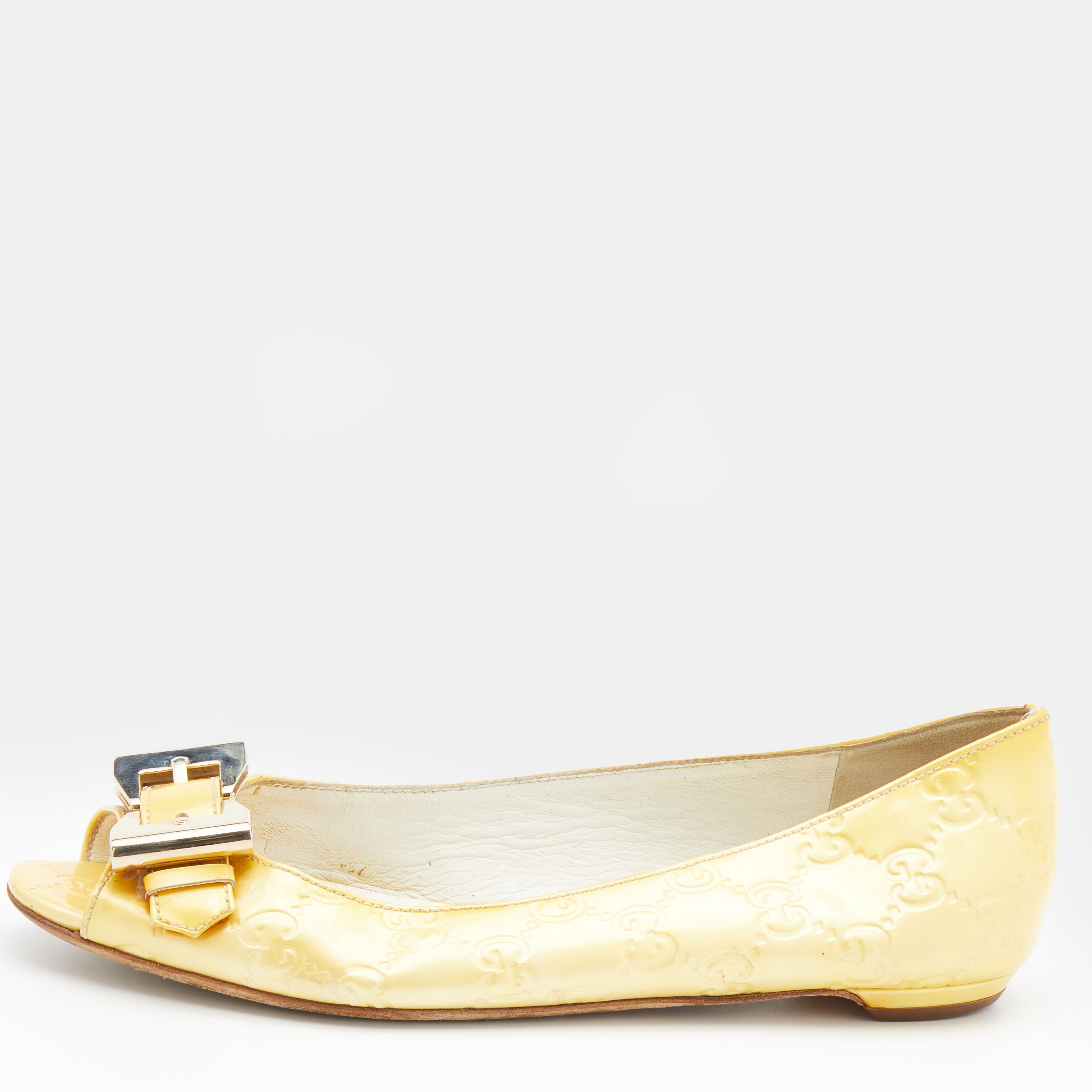 Pre-owned Gucci Ssima Patent Leather Buckle Ballet Flats Size 36 In Yellow