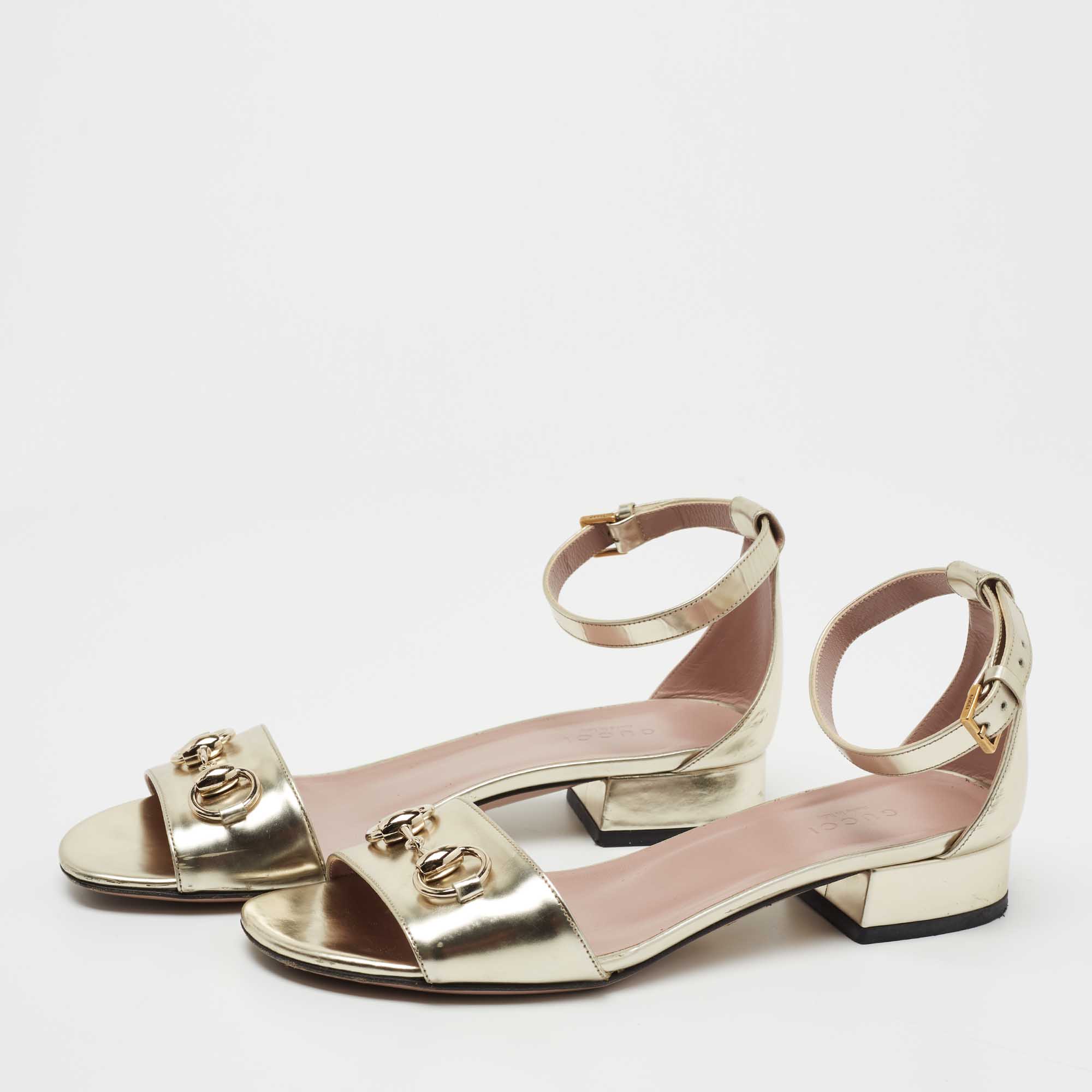 

Gucci Metallic Gold Leather Horsebit Ankle Strap Sandals Size