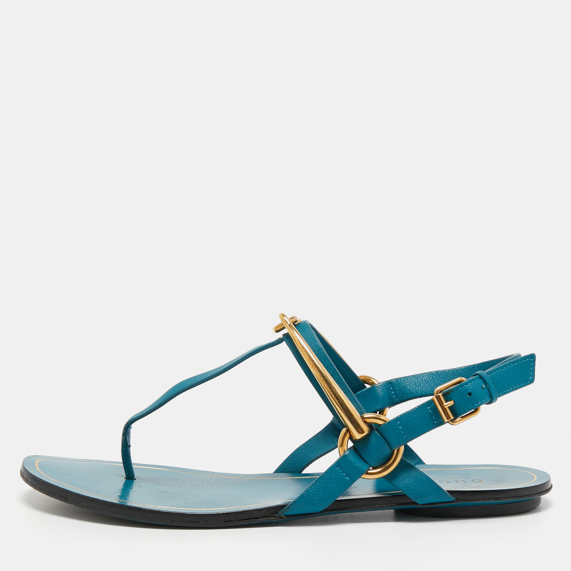 Pre-owned Gucci Blue Leatherthong Ankle Strap Flat Sandals Size 35.5