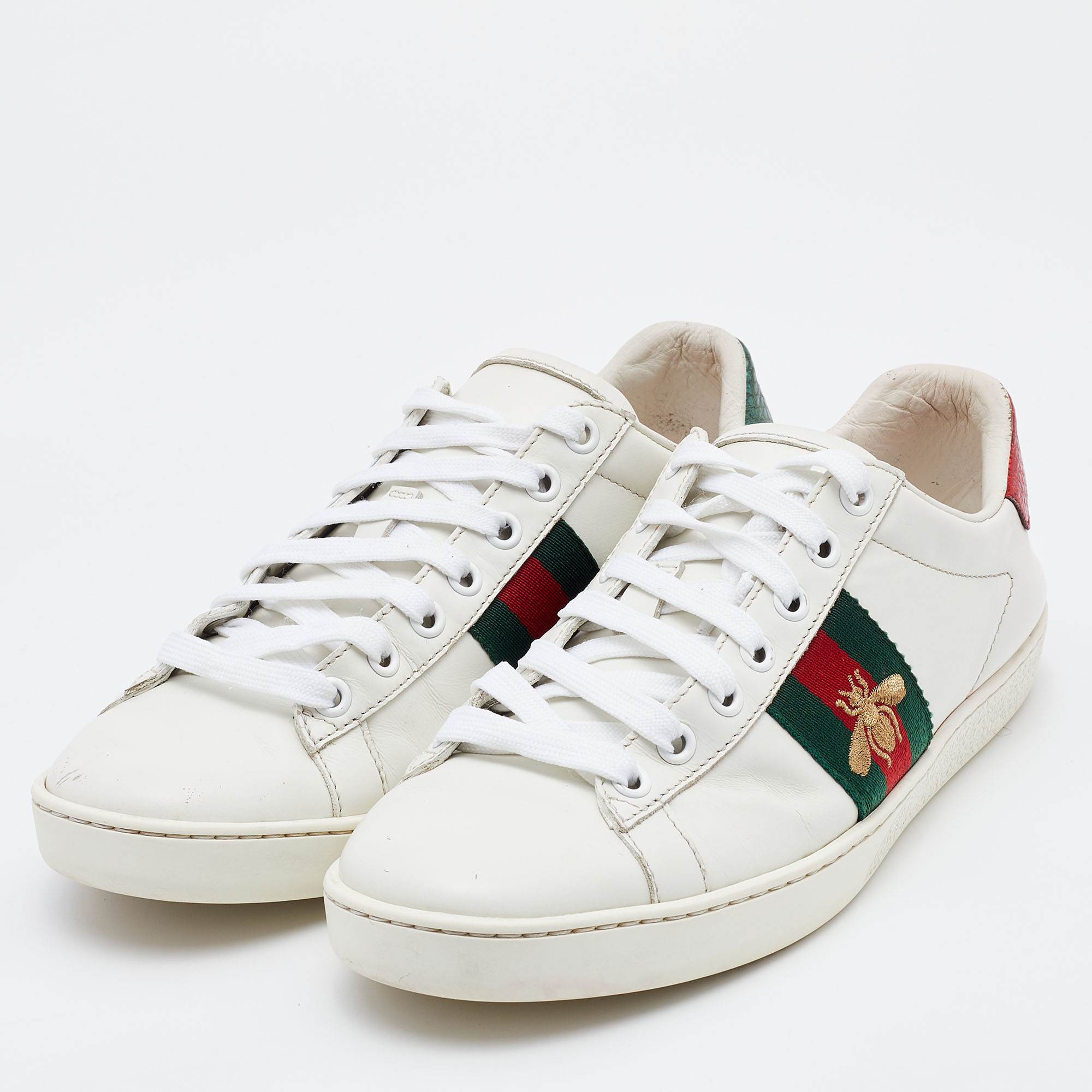 

Gucci White Leather Web Detail Bee Embroidered Ace Low Top Sneakers Size