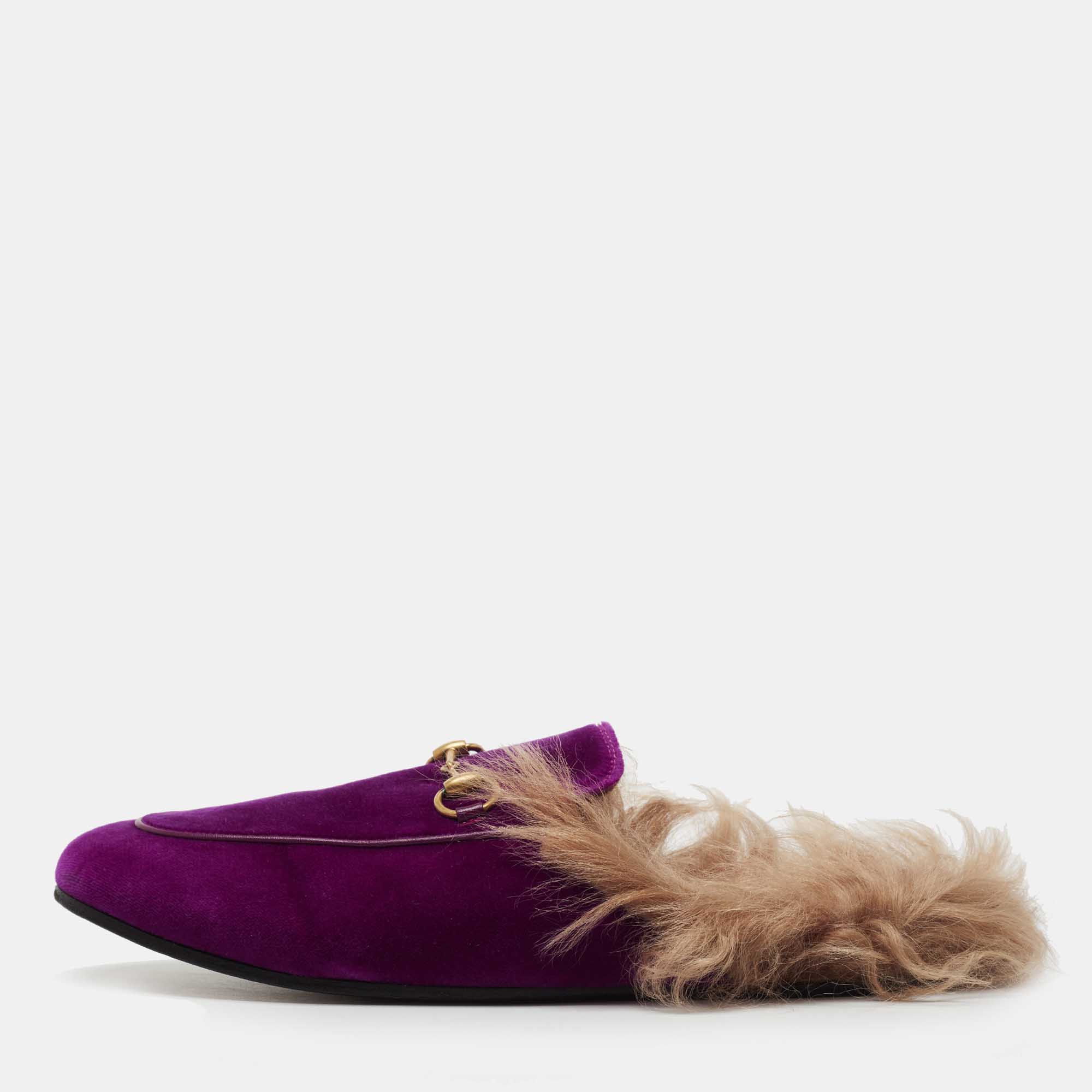 Pre-owned Gucci Purple Fur And Velvet Princetown Mules Size 39