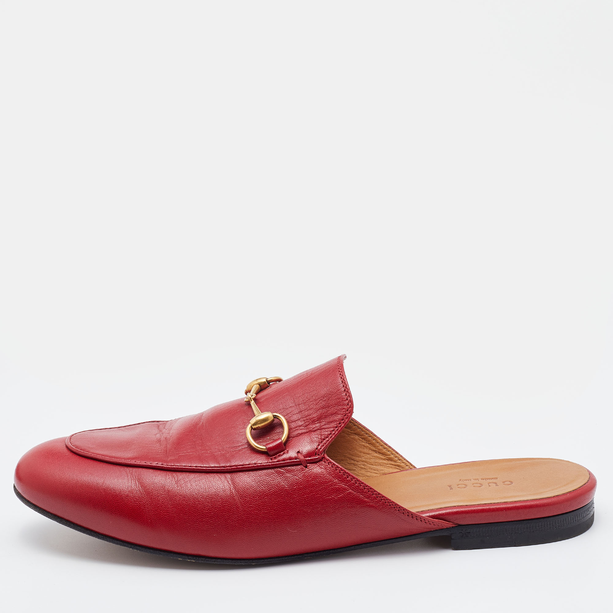 Pre-owned Gucci Red Leather Princetown Horsebit Flat Mules Size 39.5