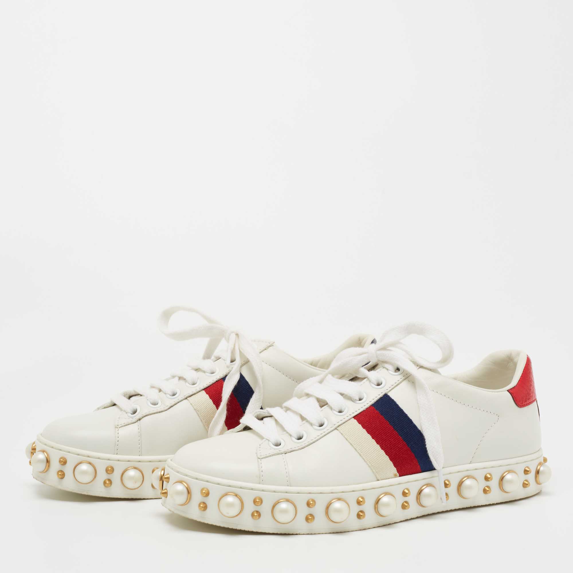 

Gucci White Leather Pearl Embellished Ace Sneakers Size