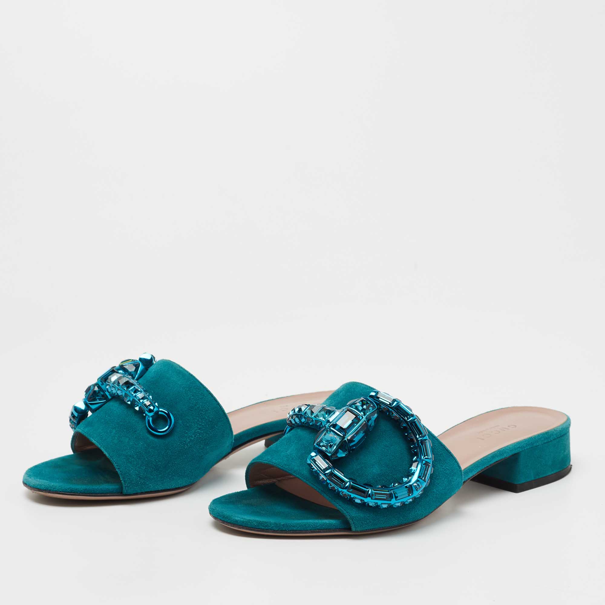

Gucci Teal Suede Maxime Crystal Horsebit Slide Sandals Size, Green