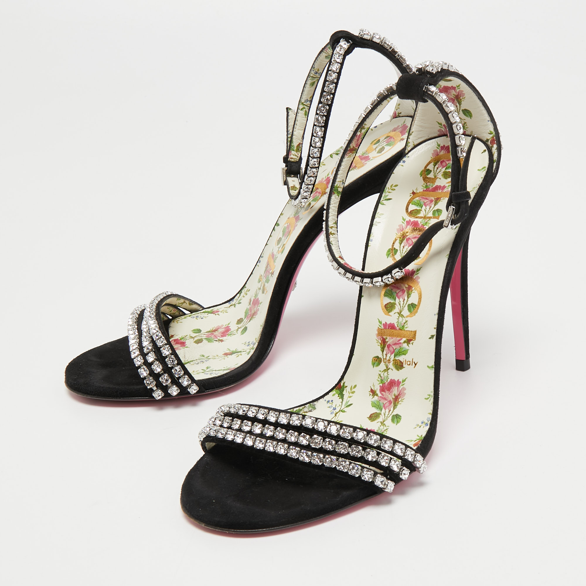 

Gucci Black Suede Ilse Crystal Embellished Ankle Strap Sandals Size