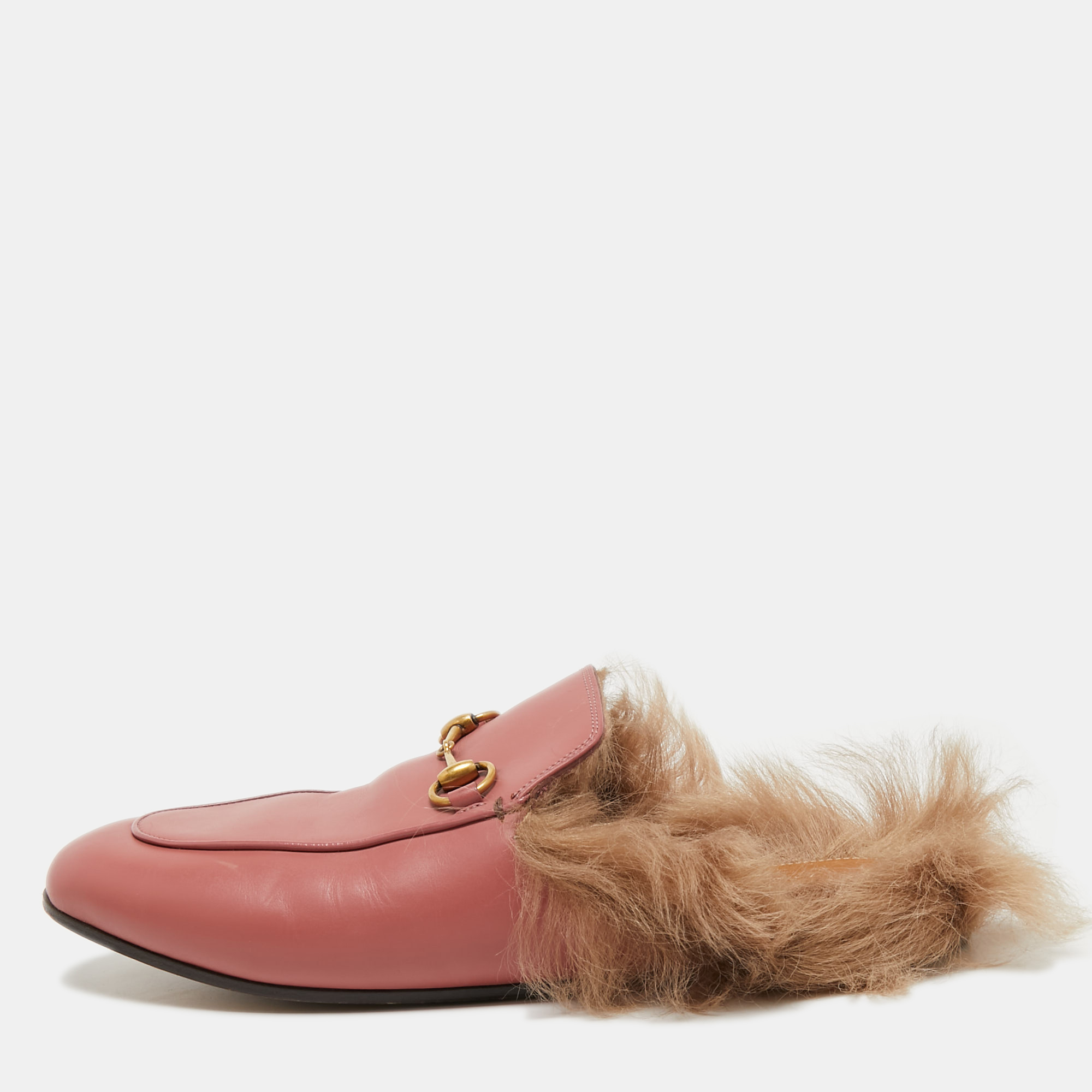 Pre-owned Gucci Pink Leather And Fur Princetown Mules Size 38