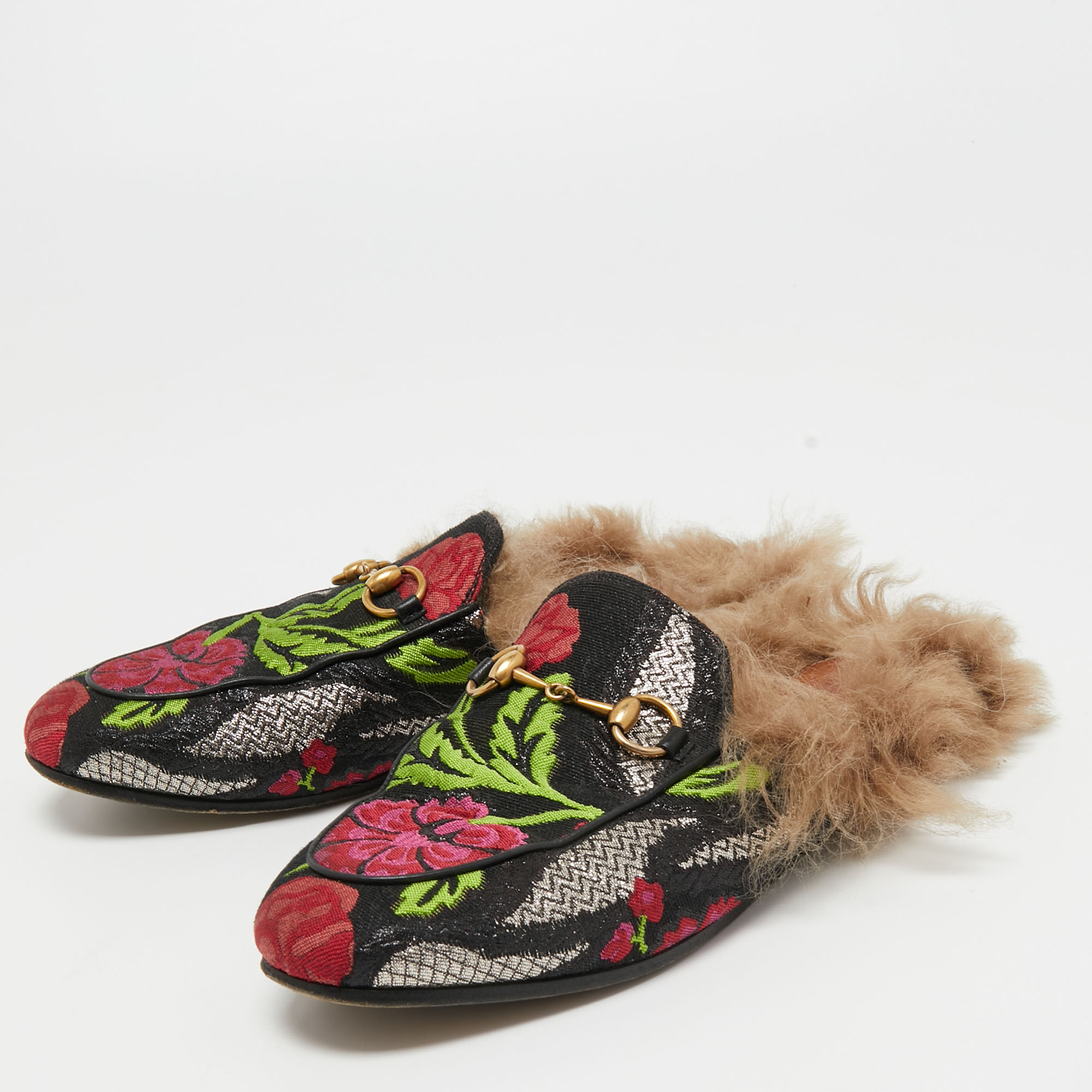 

Gucci Multicolor Floral Brocade Fabric Princetown Flat Mules Size, Black