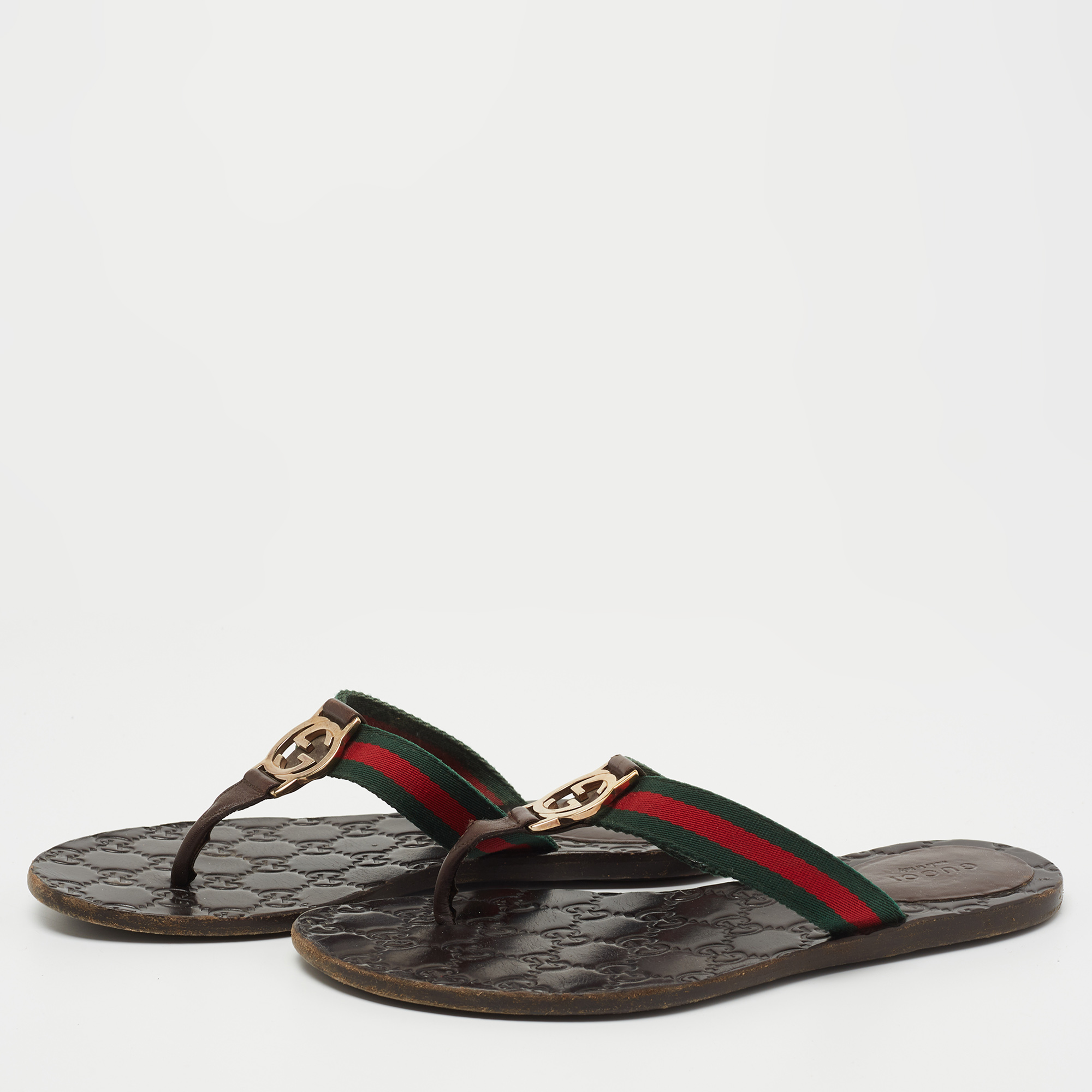 

Gucci Tricolor Leather and Canvas Web GG Thong Flats Size, Brown