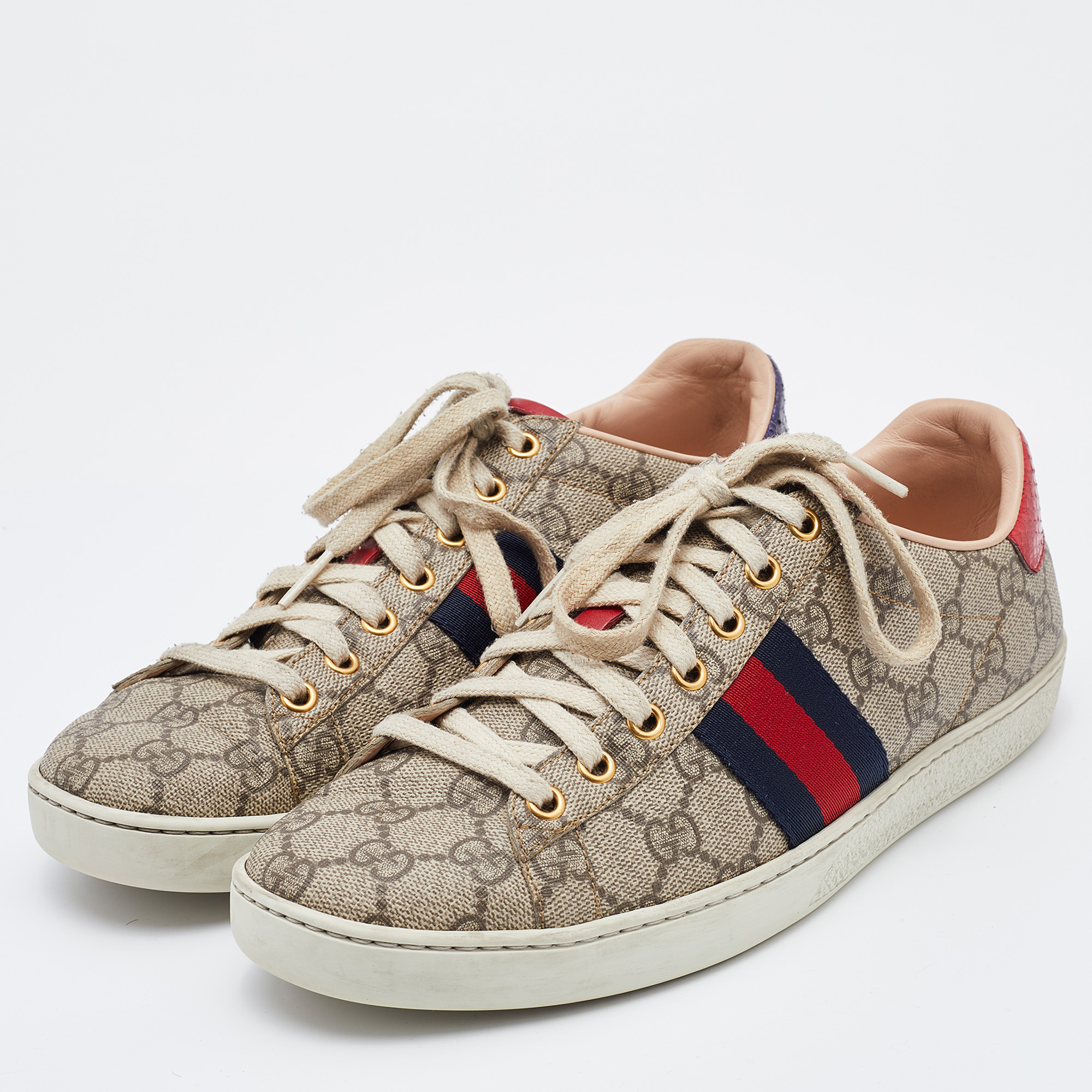 

Gucci Beige/Brown GG Supreme Canvas Ace Web Sneakers Size